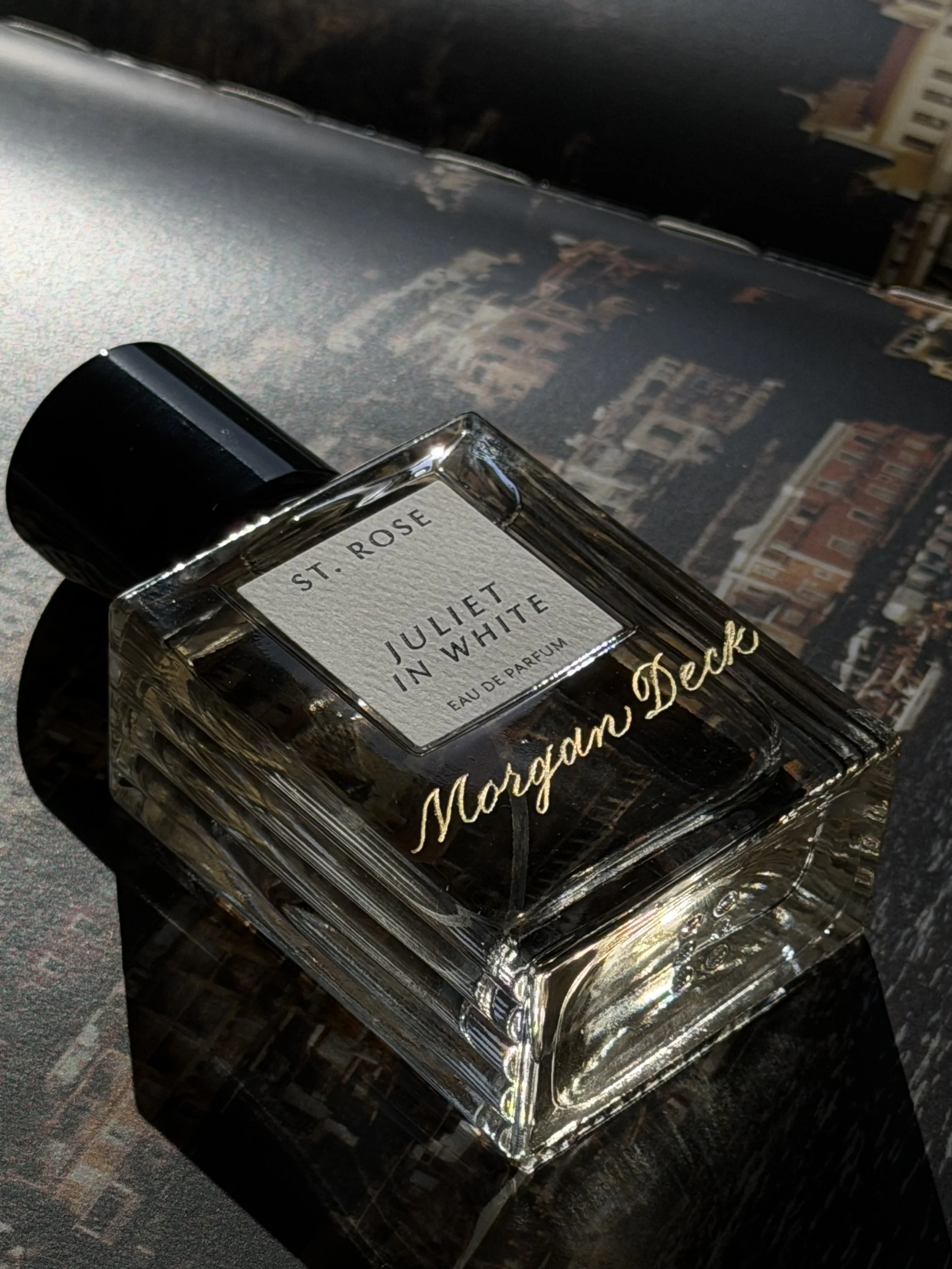 Hand engraved St. Rose Juliet in White fragrance bottle with custom gold lettering.