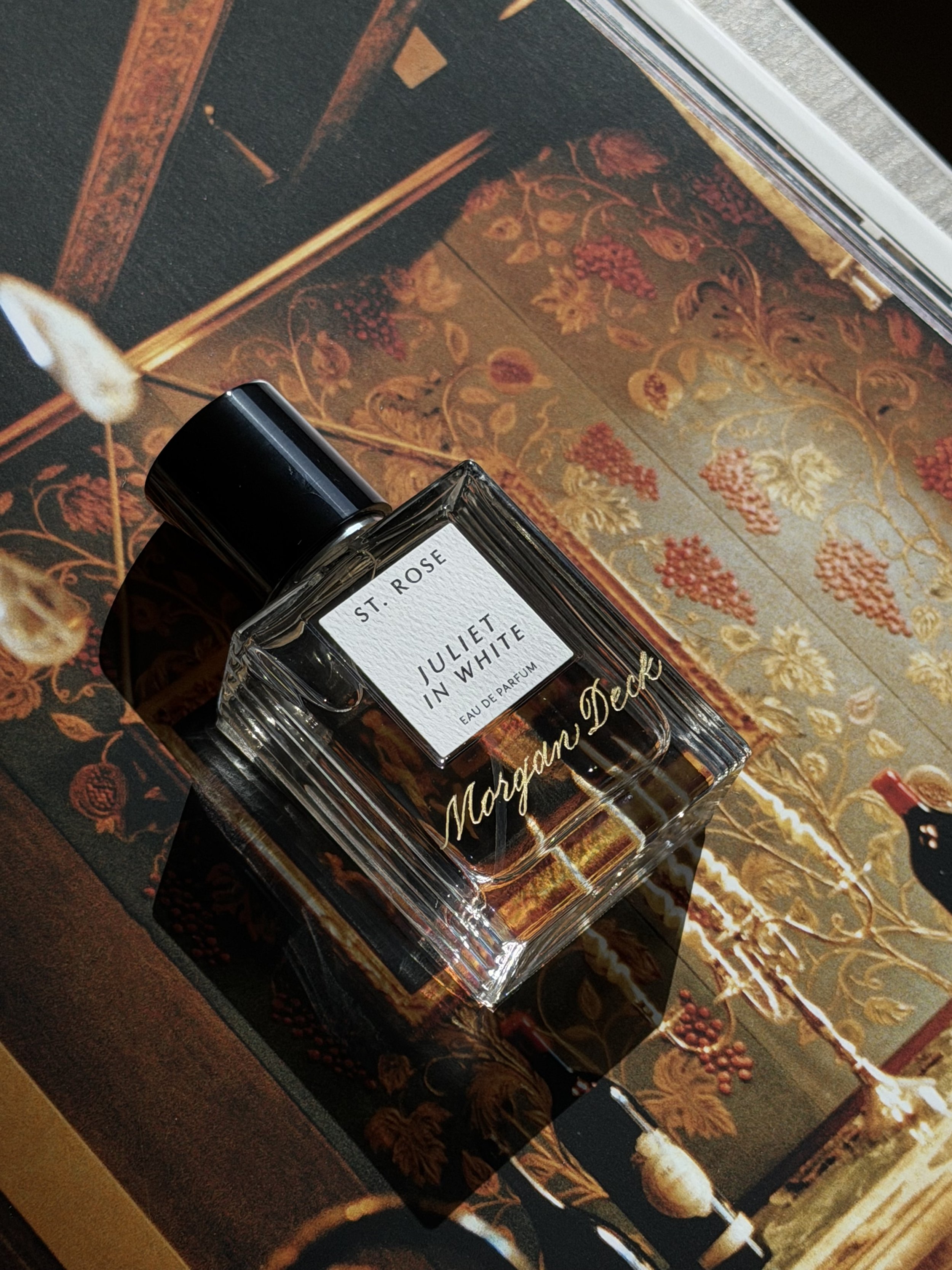 Hand engraved St. Rose Juliet in White fragrance bottle with custom gold lettering.