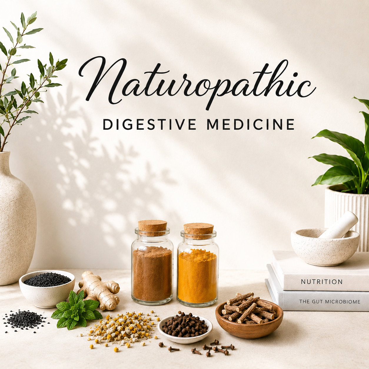 Naturopathic Digestive Medicine featuring digestive health herbs and spices including ginger, chamomile, licorice root, cinnamon, turmeric, cloves, and black cumin.