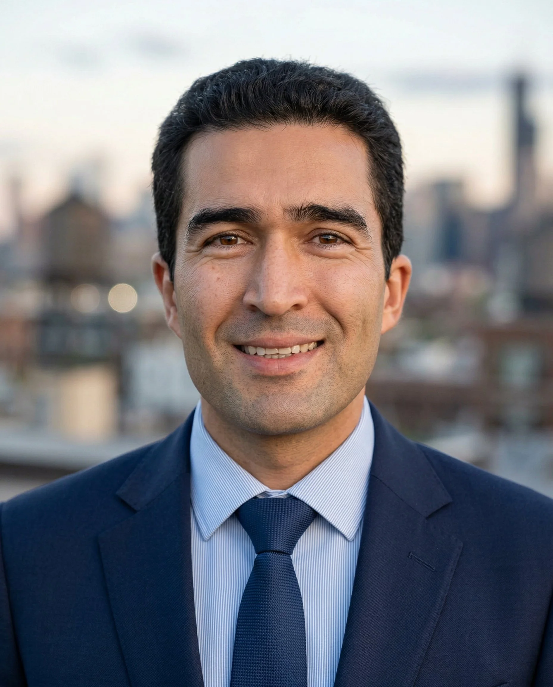 Portrait of a man in a navy suit and tie, smiling, with blurred cityscape background.