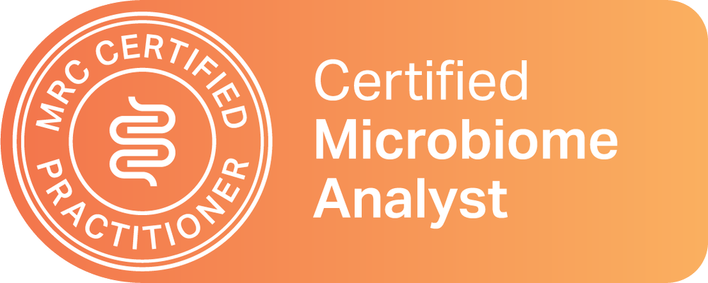 Certification badge with the text "MRC Certified Practitioner" and "Certified Microbiome Analyst" on an orange gradient background.