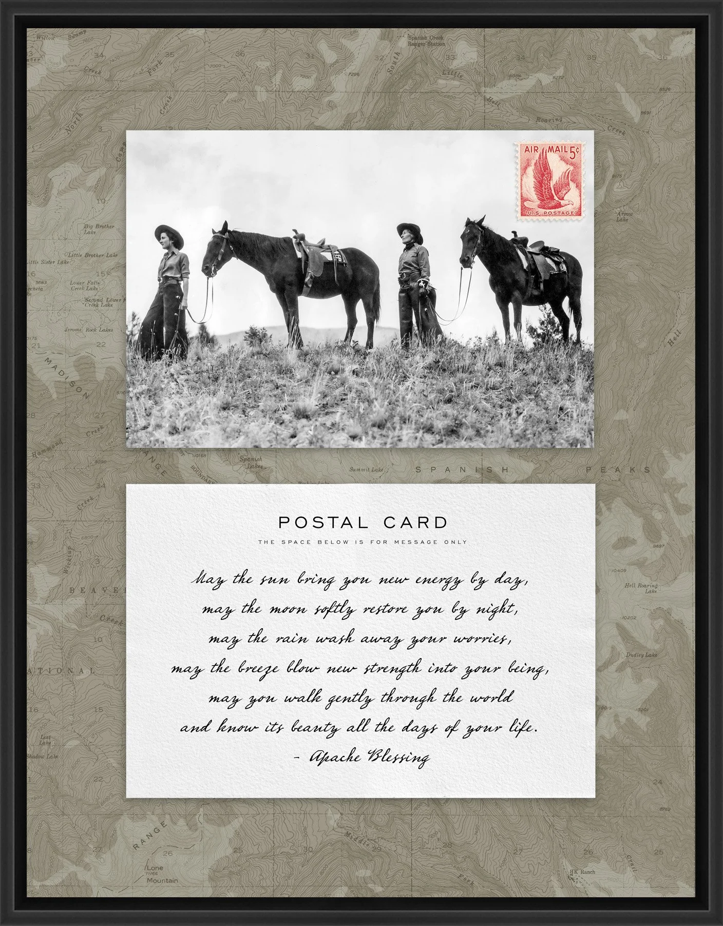 Adventure Postal Collage Series: Cowgirls; 1958 Eagle Airmail postage stamp adhered to a metal print; 11" x 14" frame.