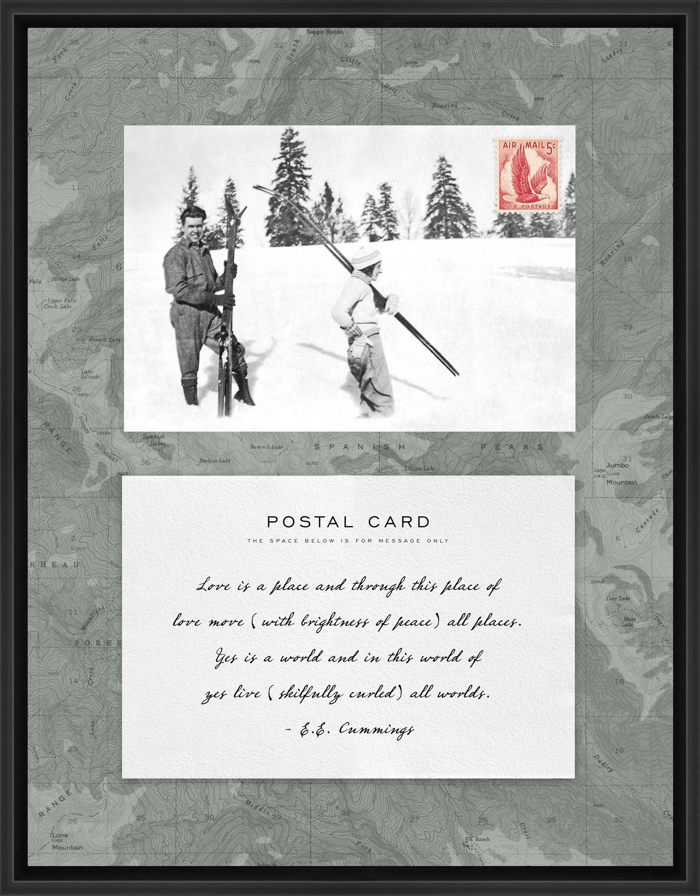 Adventure Postal Collage Series: Backcountry Skiers; 1958 Eagle Airmail postage stamp adhered to a metal print; 11" x 14" frame.