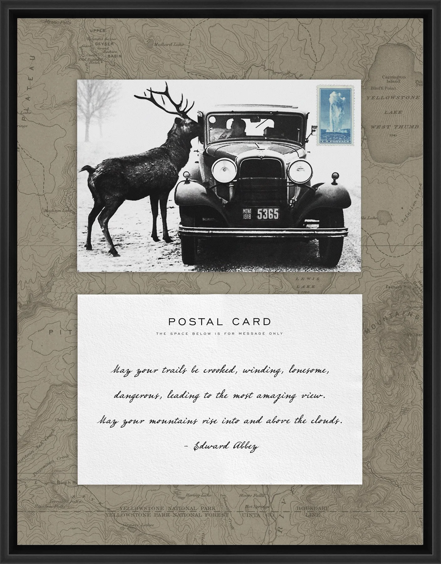 Adventure Postal Collage Series: The Hungry Stag; 1934 Old Faithful postage stamp adhered to a metal print; 11" x 14" frame.