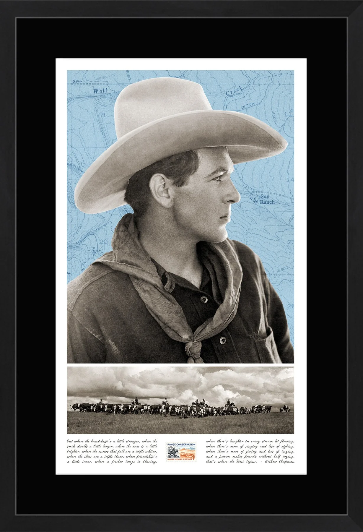 Ranching Postal Collage Series: Herding Cattle; 1961 Postage Stamp adhered to archival paper print; Out Where the West Begins poem; 16" x 20" matted frame. 