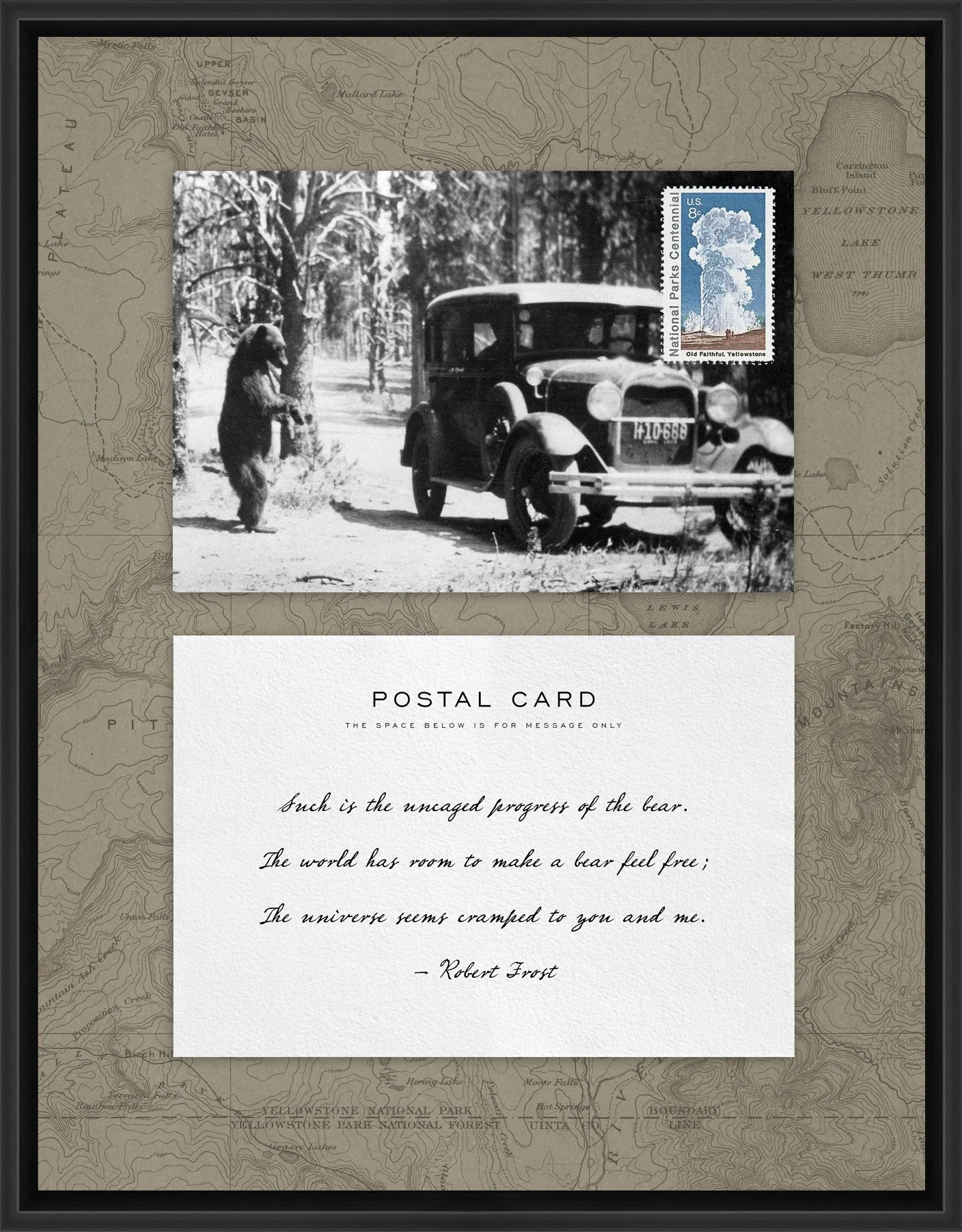 Adventure Postal Collage Series: Yellowstone Bear; 1972 Old Faithful postage stamp adhered to a metal print; 11" x 14" frame.