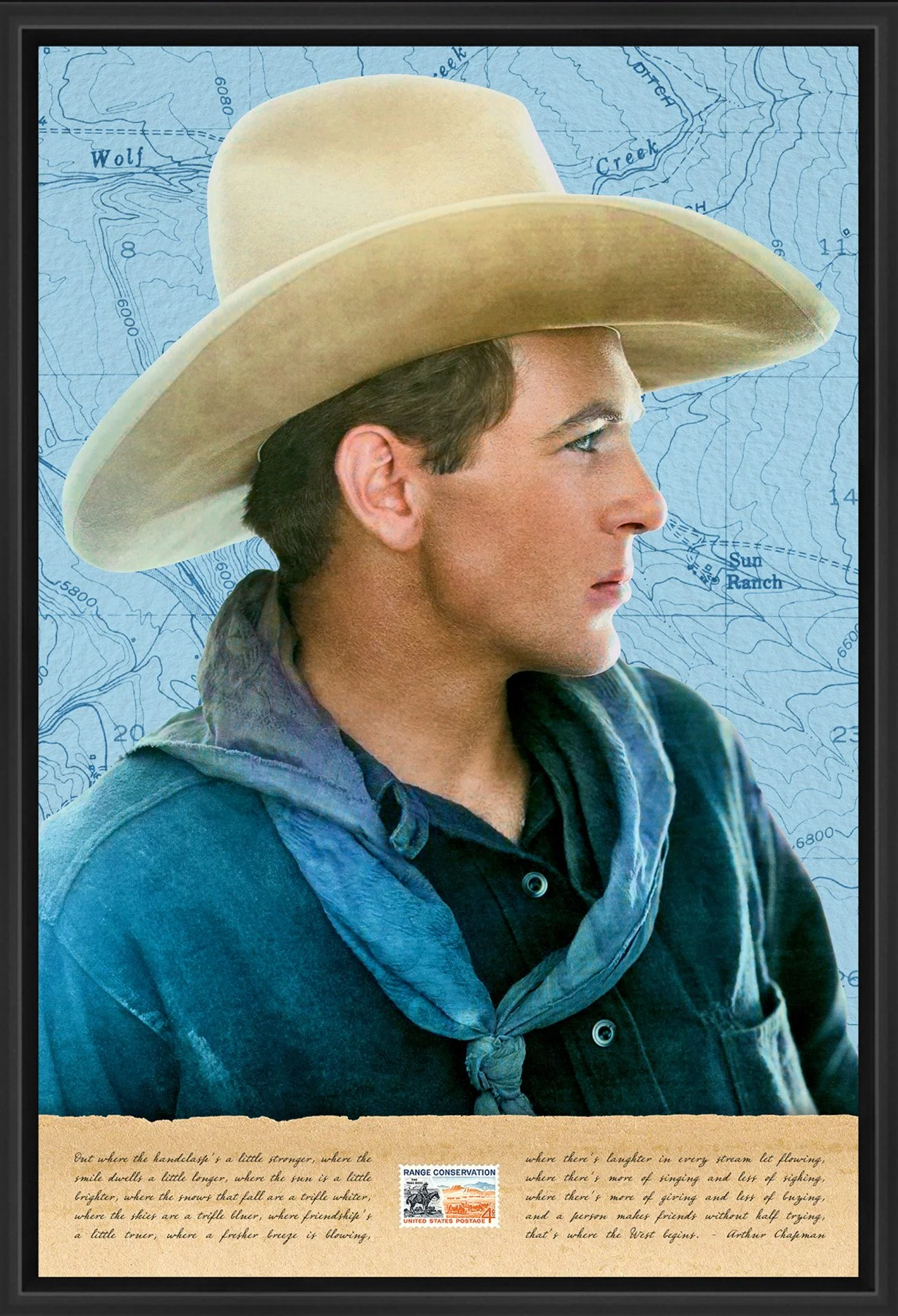 Ranching Postal Collage Series: Cow Boss; 1961 Postage Stamp adhered to metal print; Out Where the West Begins poem; 12" x 18" frame.