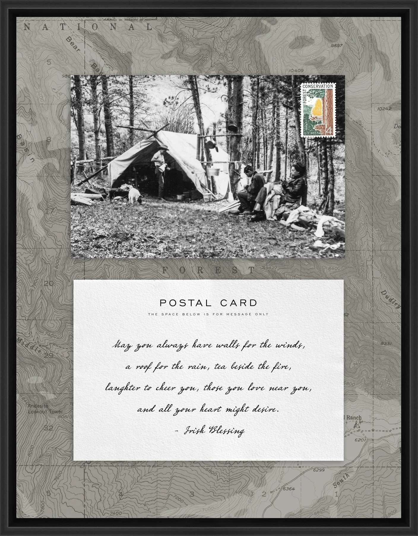 Adventure Postal Collage Series: Camp Life; 1958 Forest Conservation postage stamp adhered to a metal print; 11" x 14" frame.