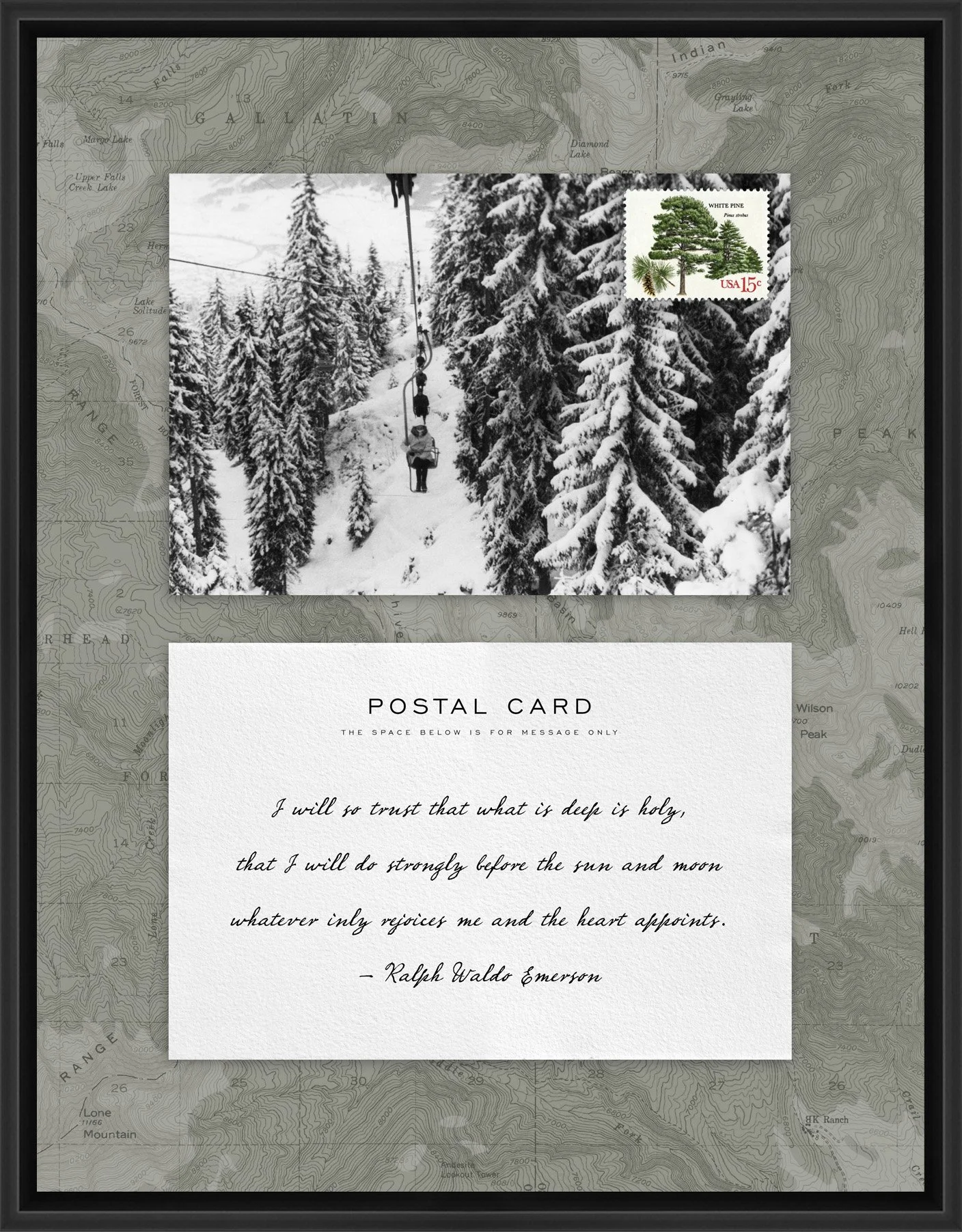 Adventure Postal Collage Series: Ski Lift; 1978  White Pine postage stamp adhered to a metal print; 11" x 14" frame.