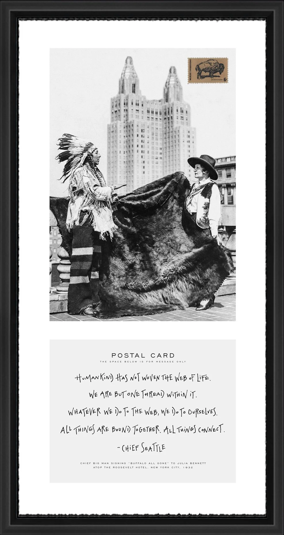 Postal Collage: Buffalo All Gone; 1970 Bison postage stamp adhered to deckled-edge archival paper; 21" x 11" frame.