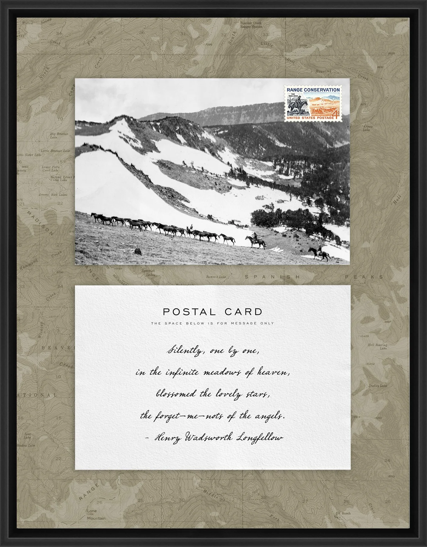 Adventure Postal Collage Series: Flying D Horses; 1961 Postage Stamp adhered to a metal print; 11" x 14" frame.