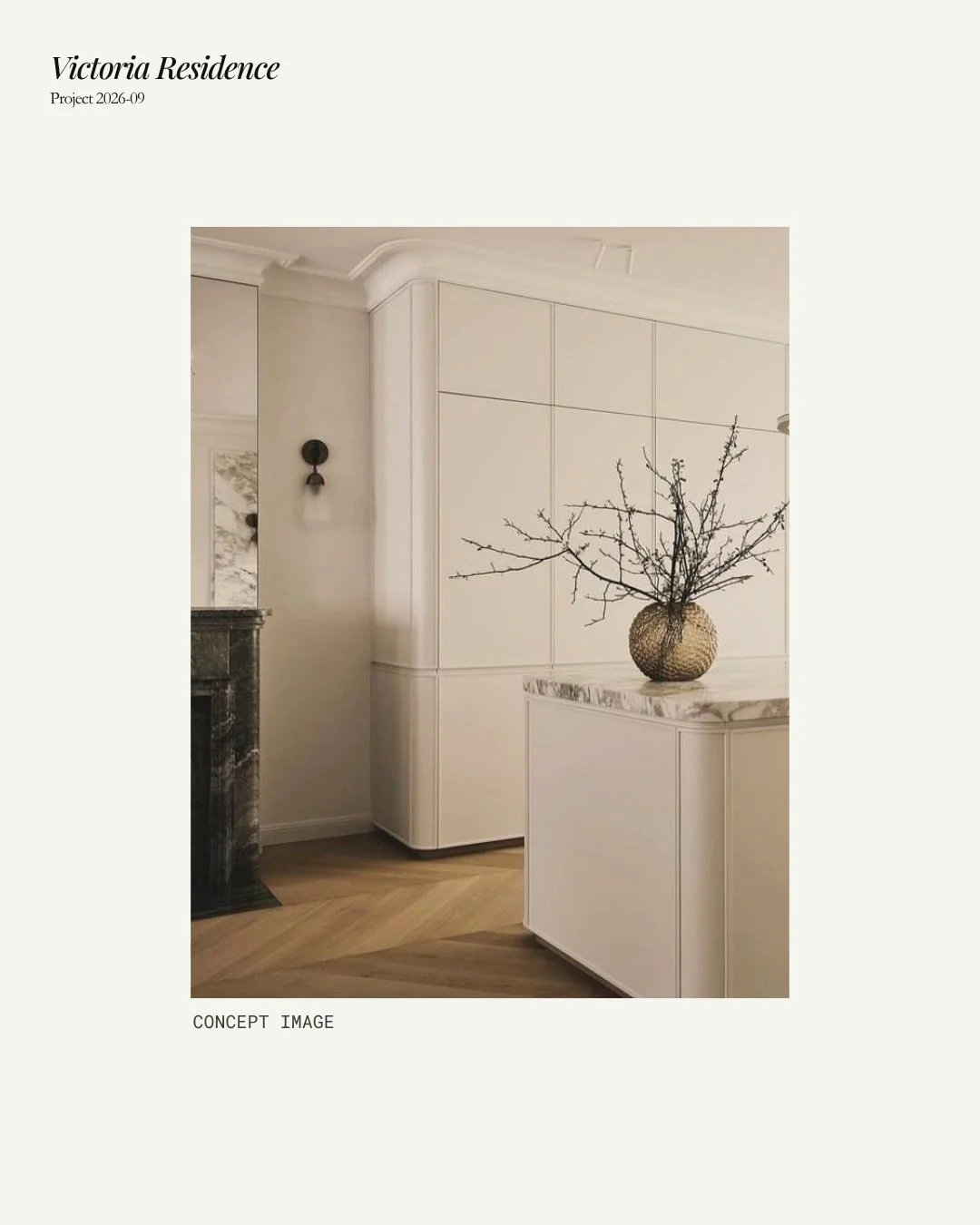 A glimpse into the concept development and initial selections for Victoria Residence. Here we're exploring the delicate relationship between heritage elements and soft timeless materiality. The warmth of the herringbone timber grounds the delicate de