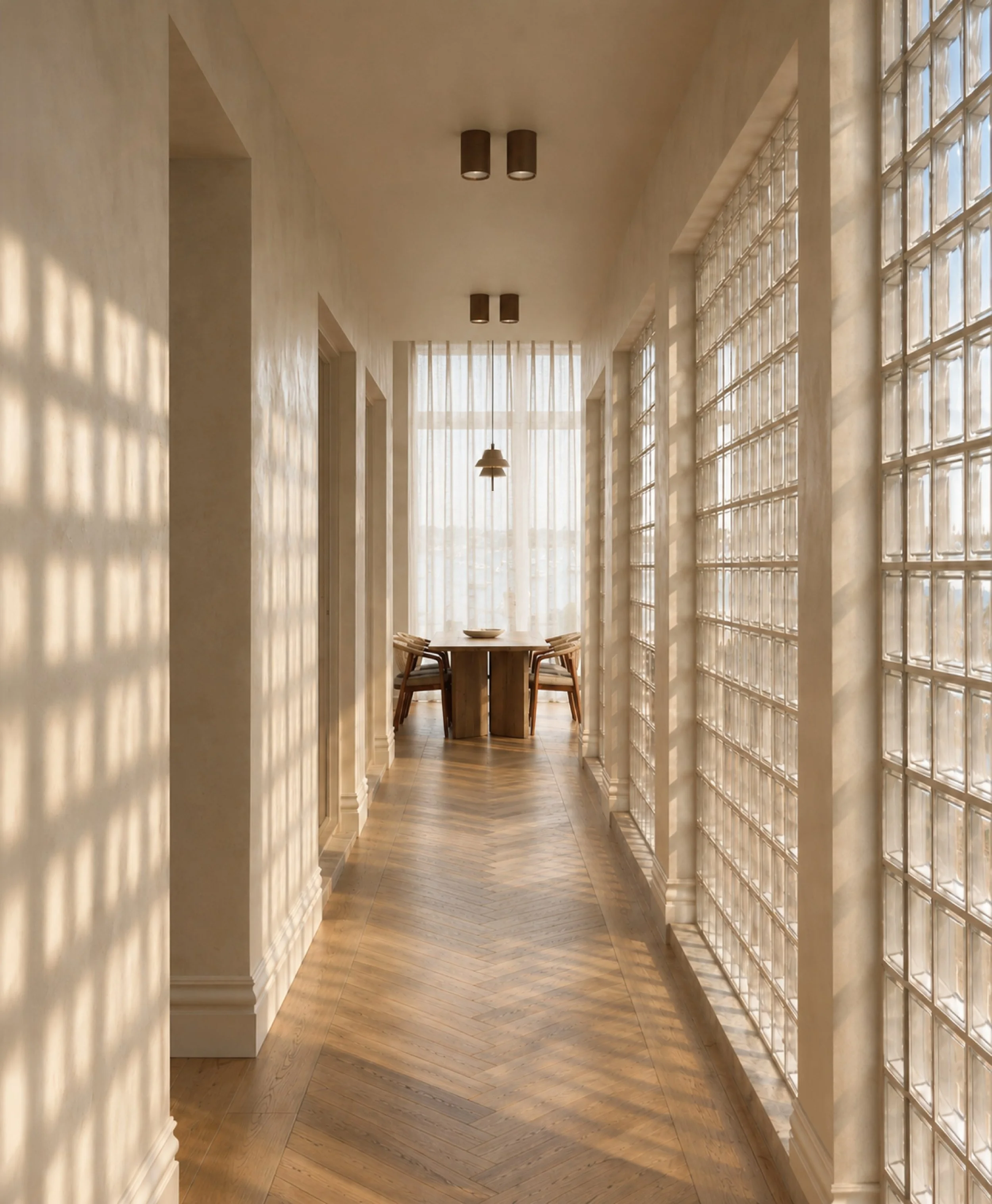 Exploring traditional modernism within the transition spaces of Victoria Place. The geometric repetition of the glass brick wall is balanced by the organic warmth of the herringbone oak flooring and textured French Wash wall finish. It is a quiet, li