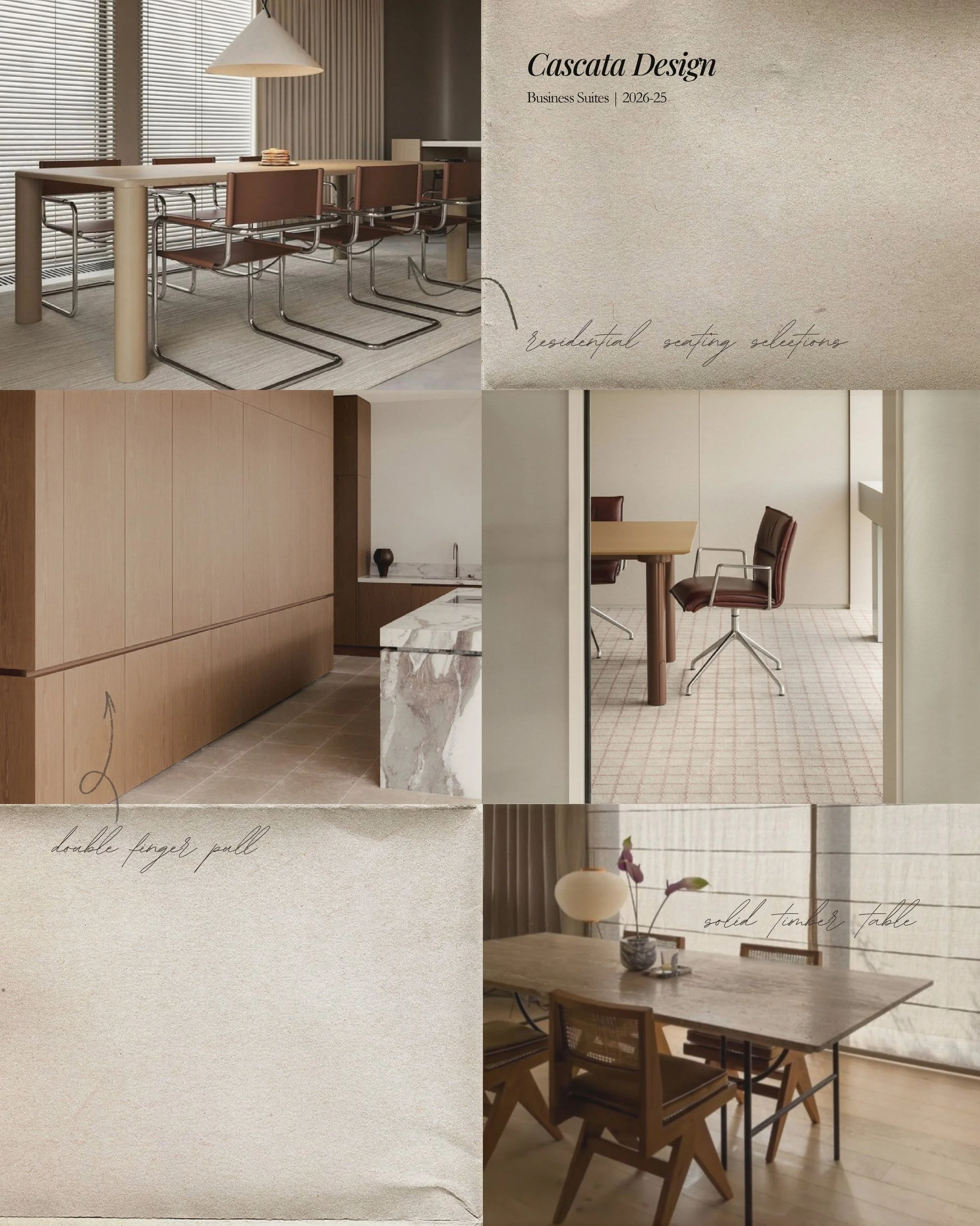Inspired by the sleek edge of a 2000s New York office into the modern workspace, our concept board for our recent Business Suites project explores the tension between polished stainless steel, tan leathers and crisp geometry.