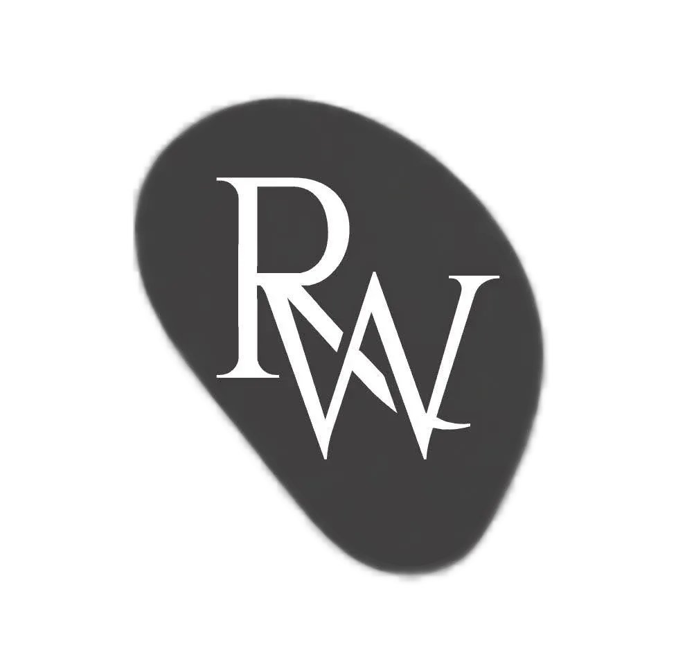 A black guitar pick with the white initials 'RFW' printed on it.