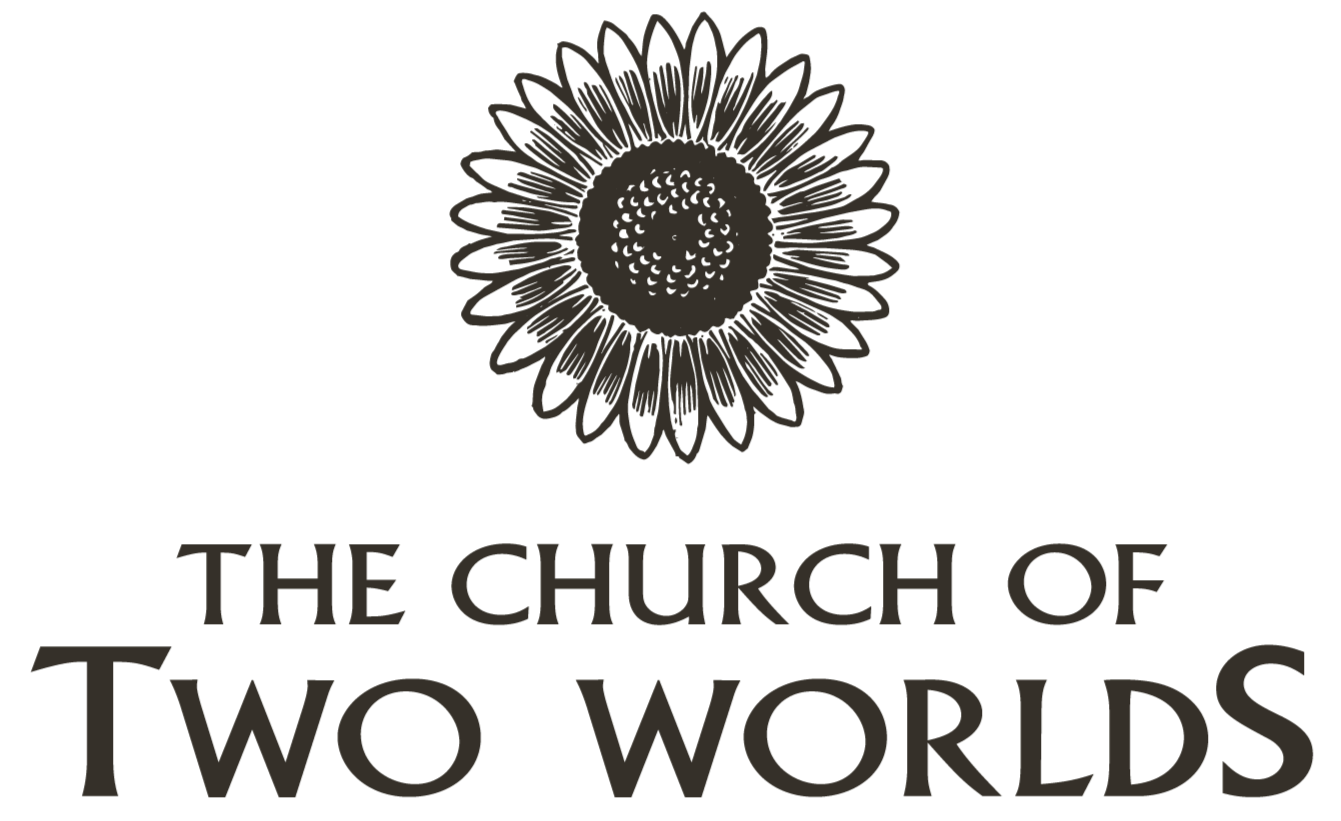 A sunflower graphic with text that reads 'The Church of Two Worlds' beneath it.
