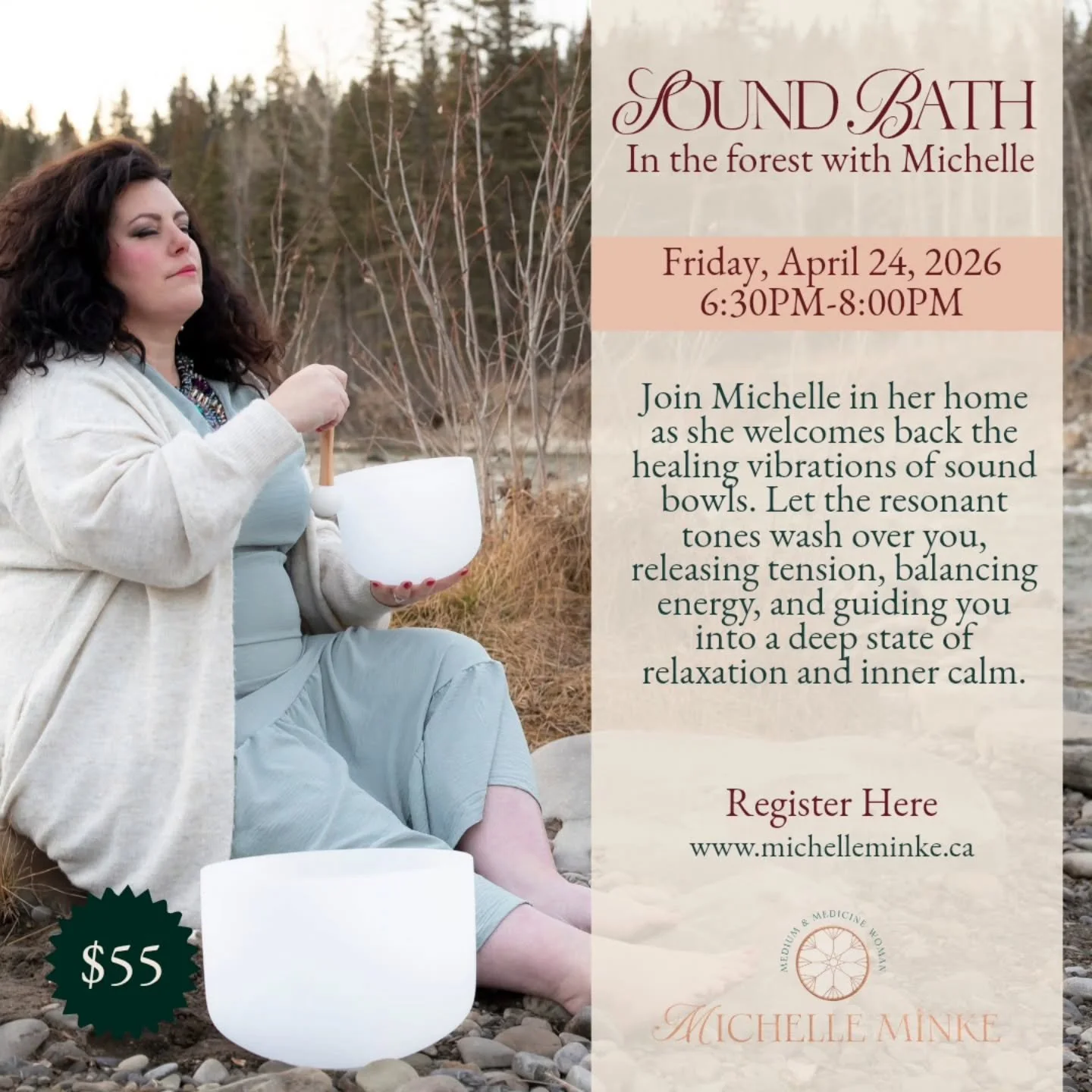 Feeling called to go to a Soundbath? ✨

Join me this spring, in my cozy house in the woods, for a sound bath with Crystal Singing Bowls, drumming and song.

This is a beautiful opportunity for you to release through the frequency of sound and invite 