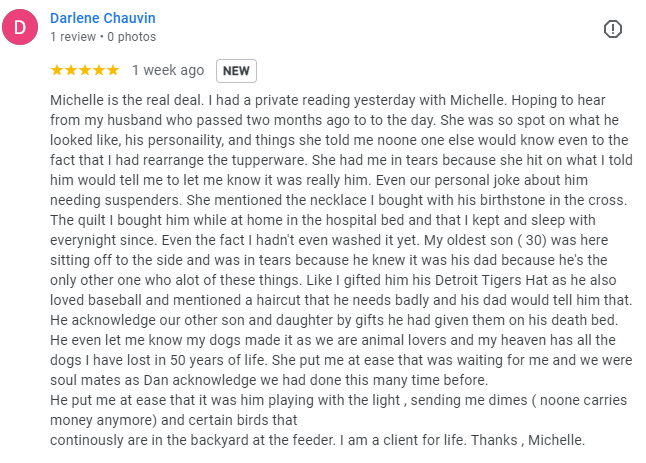 Screenshot of a review by Darlene Chauvin about Michelle, mentioning a past private reading, personality, a necklace with a birthstone, a hospital visit, and caring for family pets.