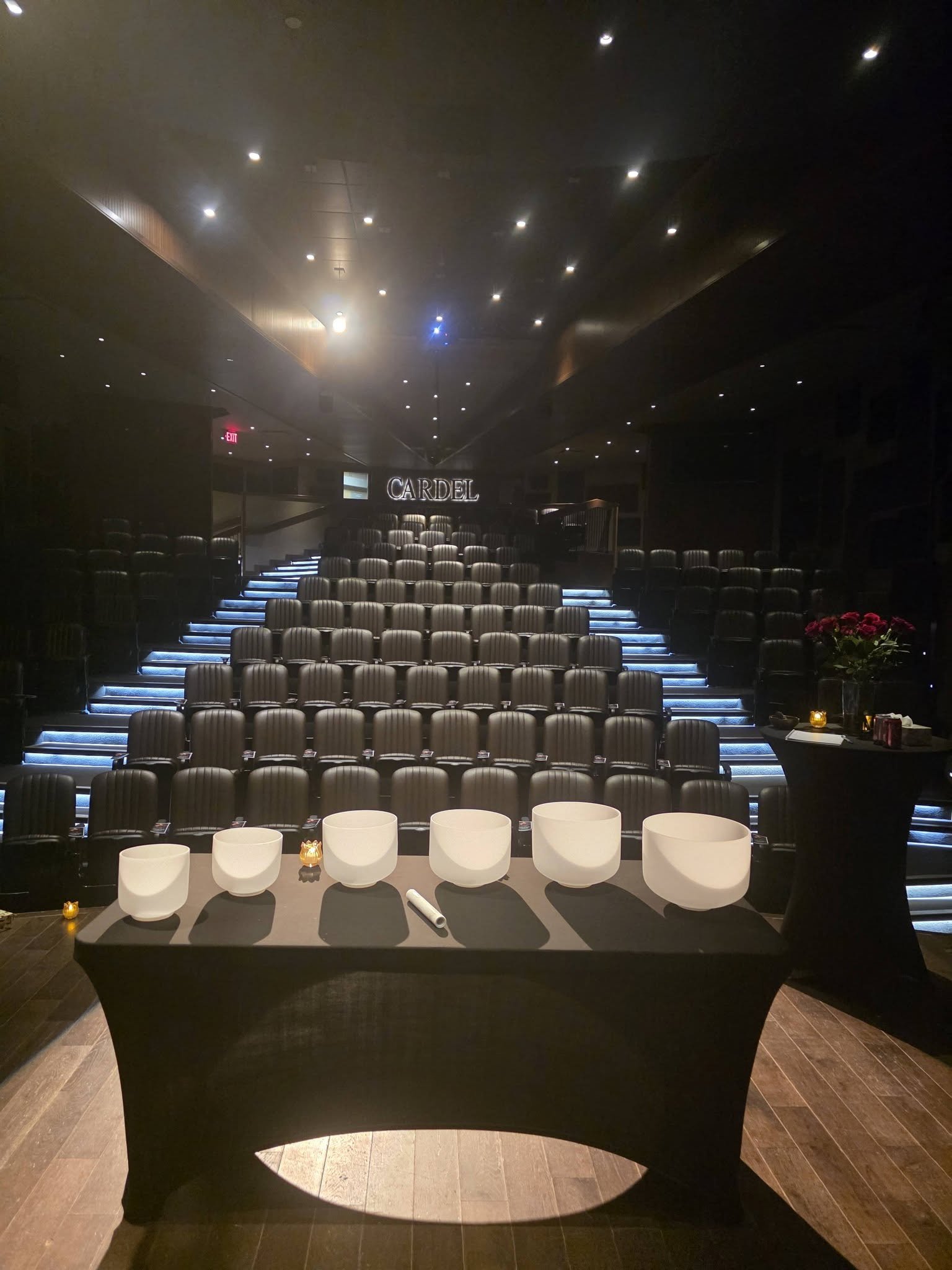 Empty tiered auditorium with black chairs, illuminated steps, and a table with singing bowls and flowers in the foreground. The sign 'CARDEL' is visible at the back.