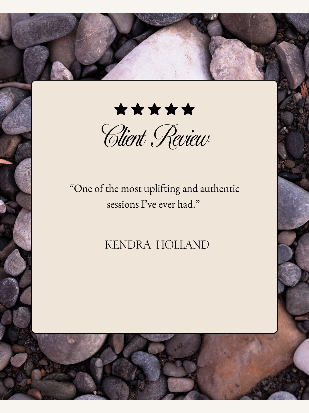 A client review card with a five-star rating, quote: "I loved your singing, I closed my eyes and felt joy & calmness. The energy in the room felt very calming for me, I was so relaxed" by Marie Tschetter, over a background of crystals and stones on a wooden surface.