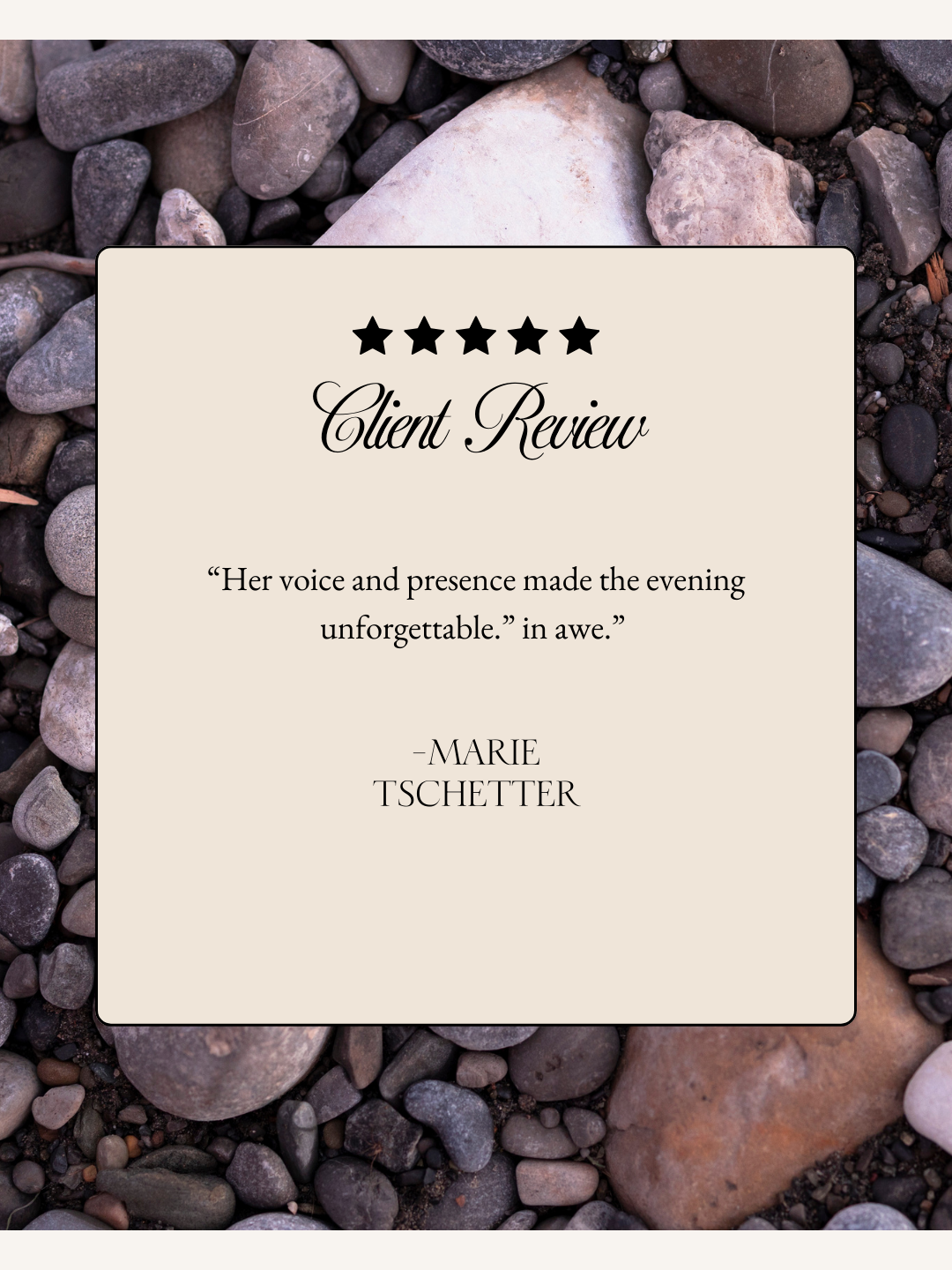 Client review overlay on a background with crystals, stones, and decorative objects.