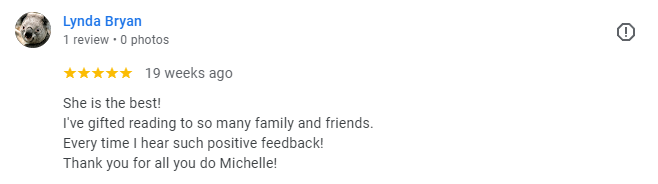Screenshot of a five-star review on an online platform, posted by Lynda Bryan, praising Michelle for her work.