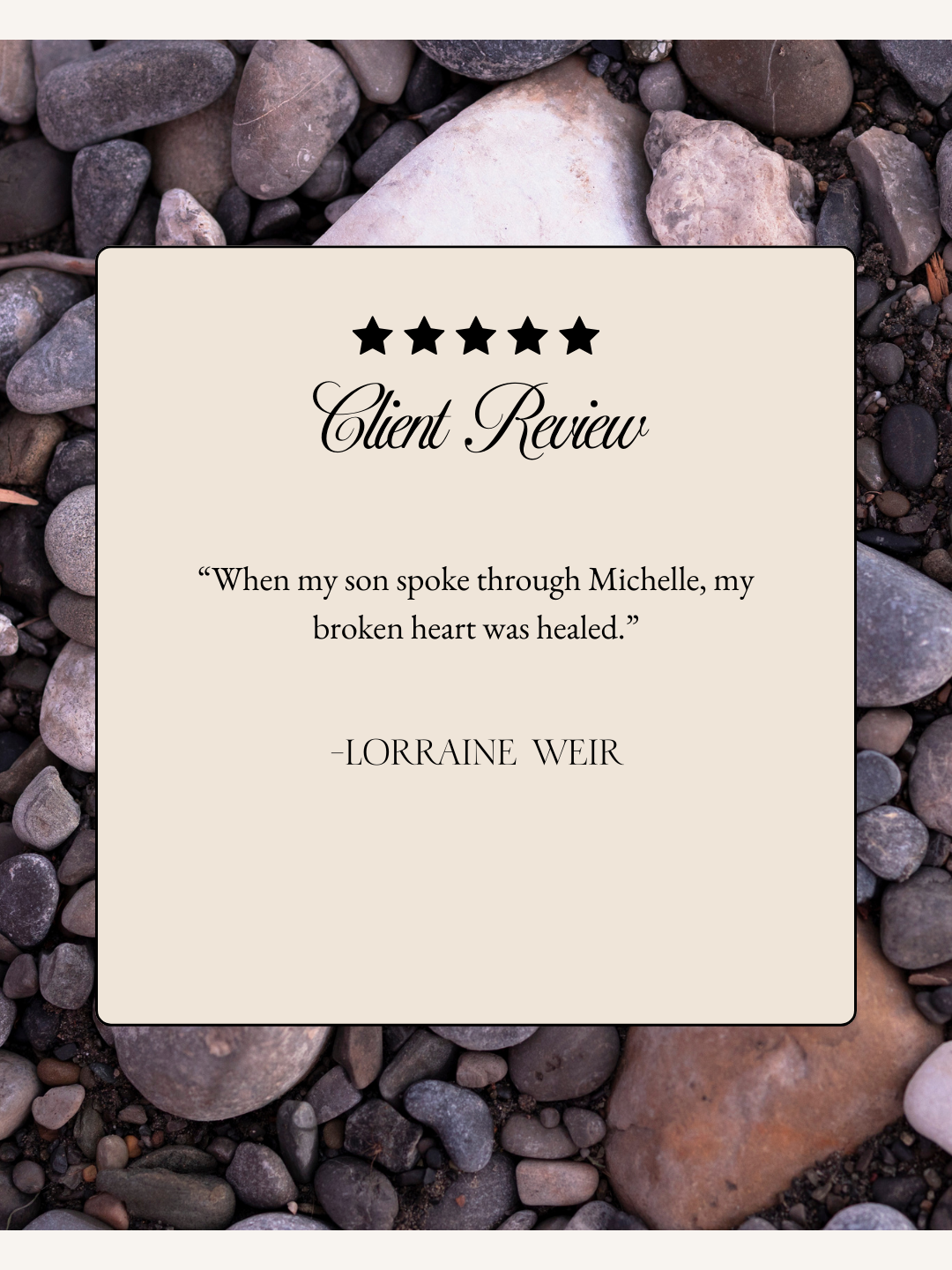 Client review formatted on a card with a 5-star rating. The review praises a soul reading with Michelle, mentioning upliftment, support from loved ones, and encouragement to make good decisions. The review is signed by Corinne Sato.