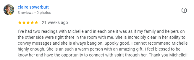 A screenshot of a 5-star review from Claire Sowerbutt praising Michelle for her communication and personality.