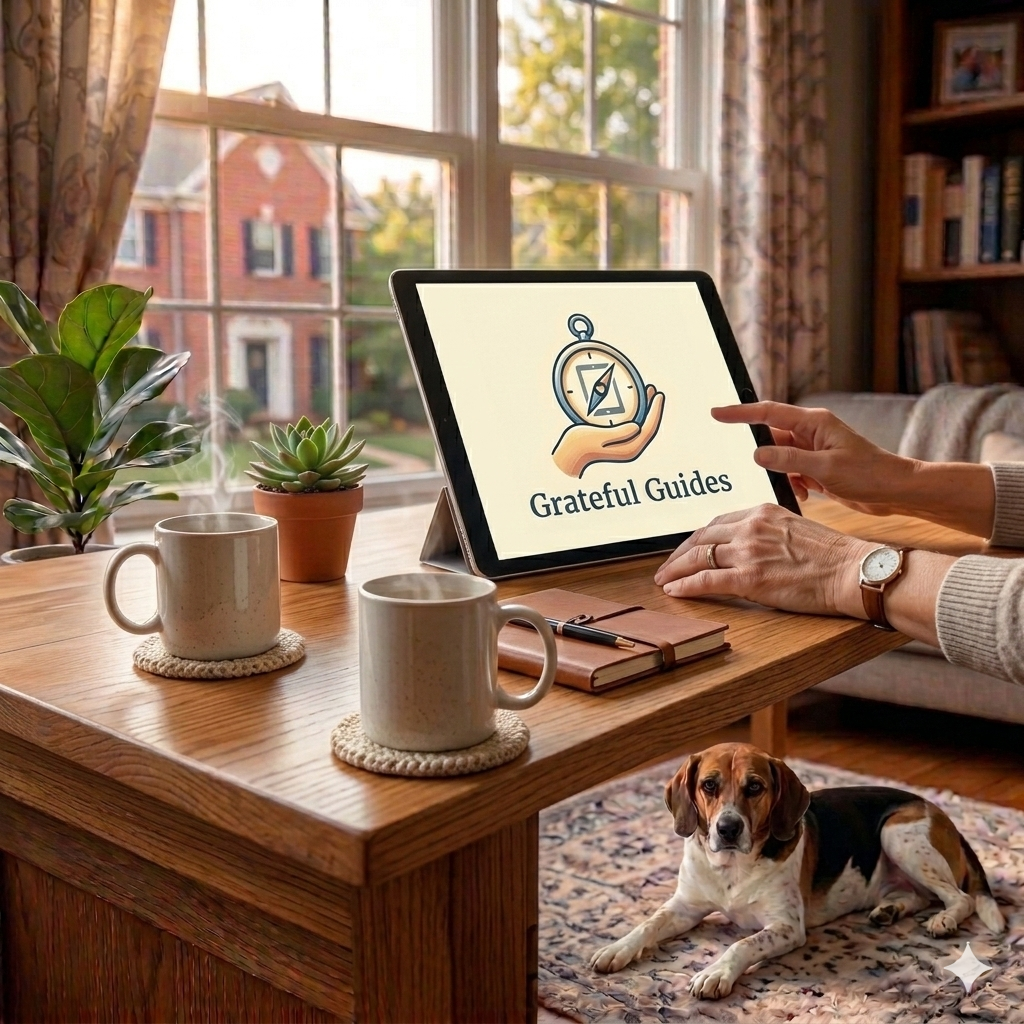An elderly woman sitting at a wooden dining table with a tablet, showing the words 'Grateful Guides' and features such as creating safe passwords, secure data, and connecting privately. A coffee mug with the same logo is in front of her. An elderly man with white hair is using his smartphone, and a beagle dog lies on a rug beside the table with a blue chew toy. The background includes framed photos, a window with potted plants, and a cozy kitchen with a bowl of apples.