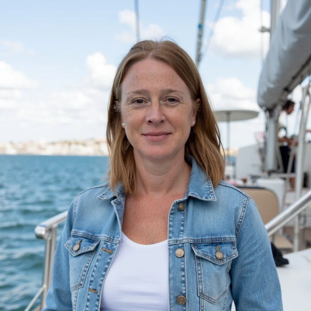 A woman with red hair and freckles wearing a denim jacket and white shirt, standing on a boat with water and a cloudy sky in the background.