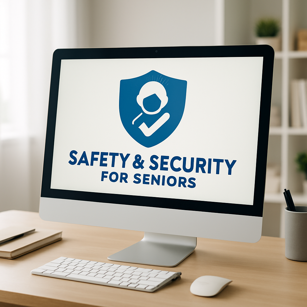 Computer monitor displaying a sign that reads 'Safety & Security for Seniors' with a shield and a person icon.