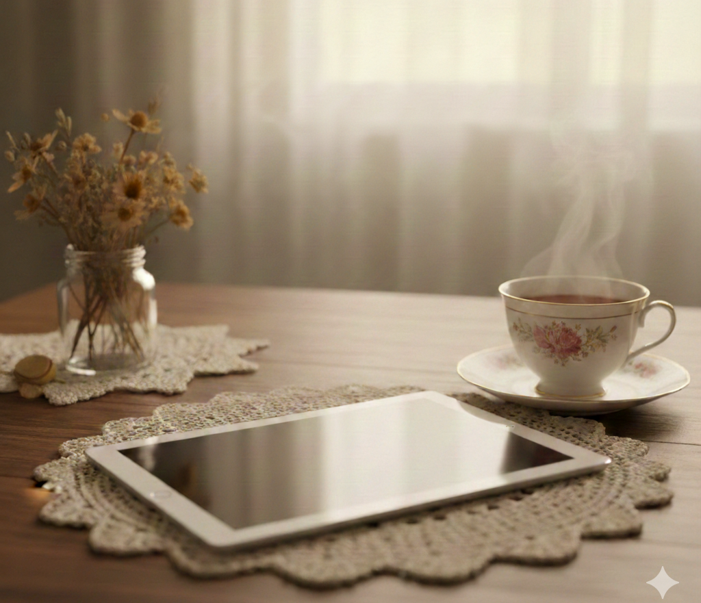 A wooden table with a doily, a tablet, a floral teacup with hot tea, and a jar of dried flowers near a softly lit window.