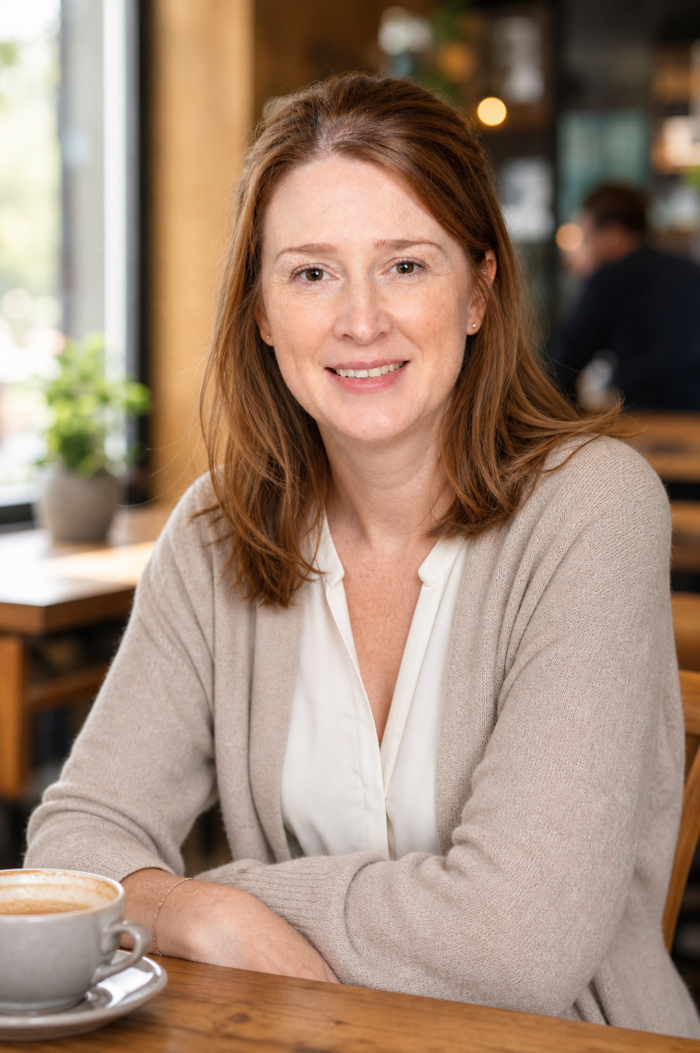A woman with red hair smiling at the camera, sitting at a wooden table in a cafe with a cup of coffee in front of her.