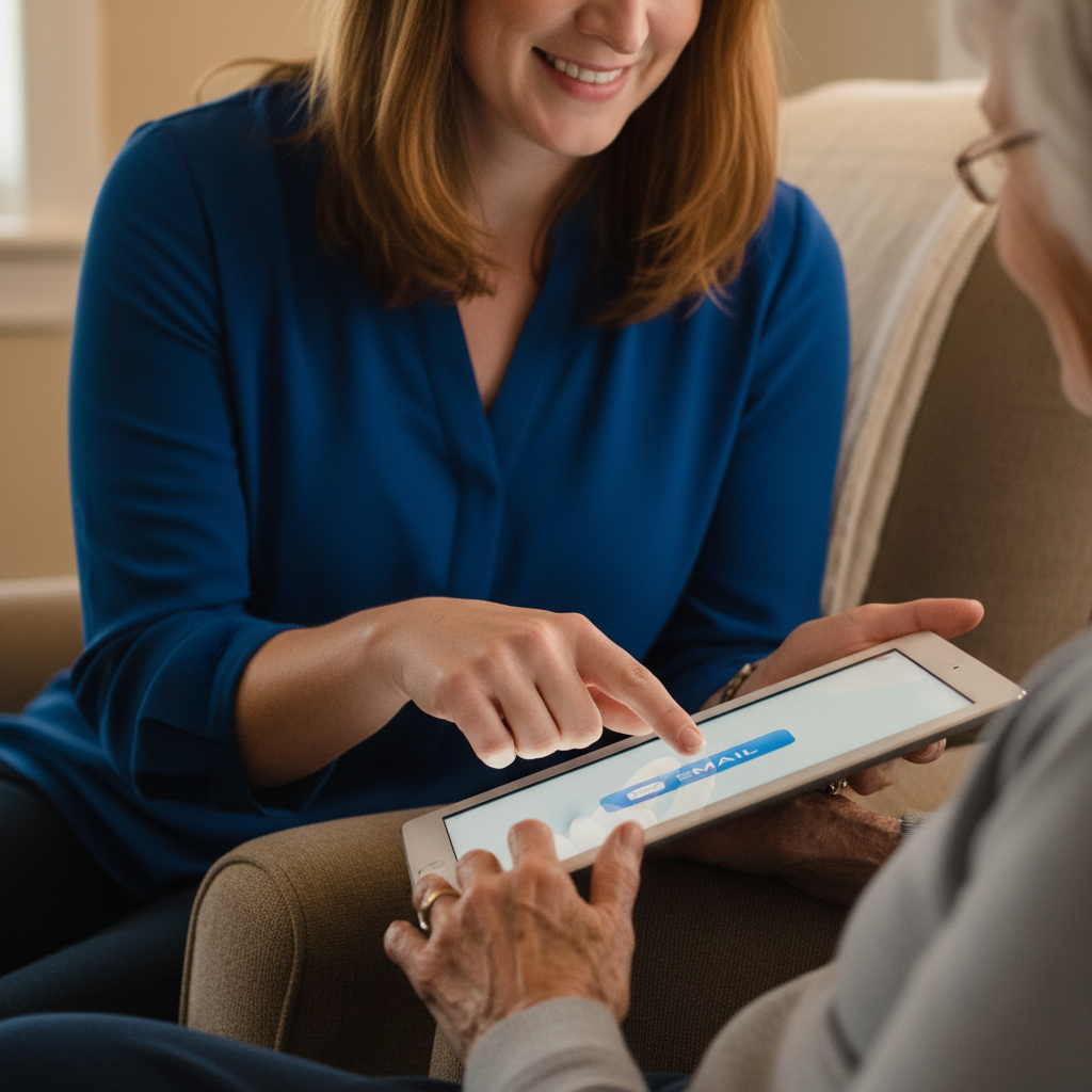 Two women are sitting on a couch, talking and looking at a tablet. One woman is pointing at the tablet screen, which displays an email icon. The woman with red hair and a blue blouse is smiling and engaging in conversation.