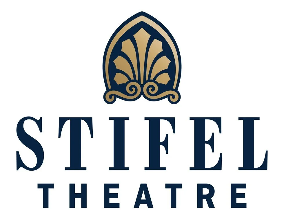 Logo of Stifel Theatre featuring an ornate gold and navy decorative element above the navy text 'STIFEL THEATRE' on a white background.