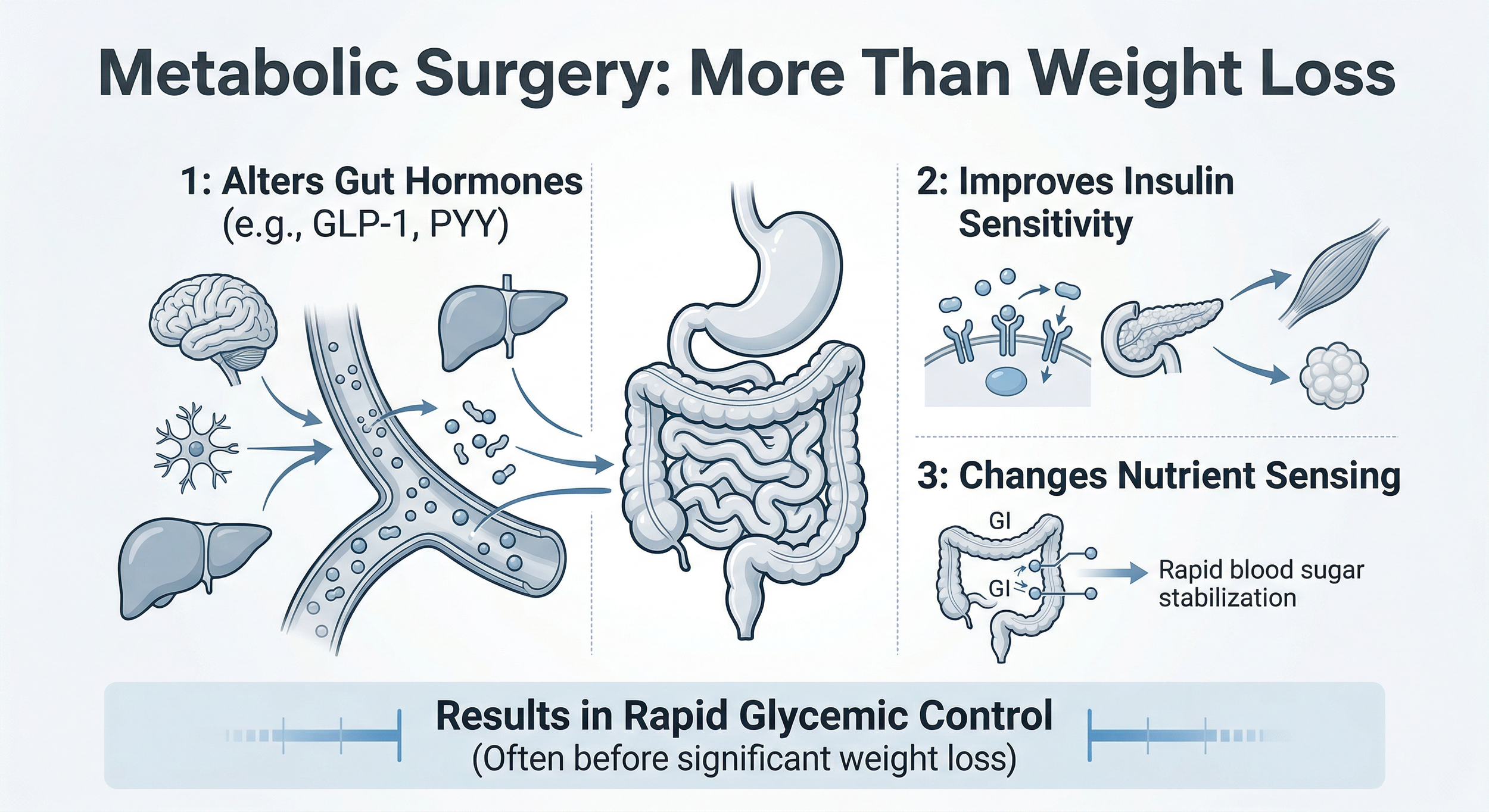 A clean medical infographic detailing three key ways metabolic surgery affects hormone signaling and improves insulin sensitivity to treat Type 2 Diabetes.
