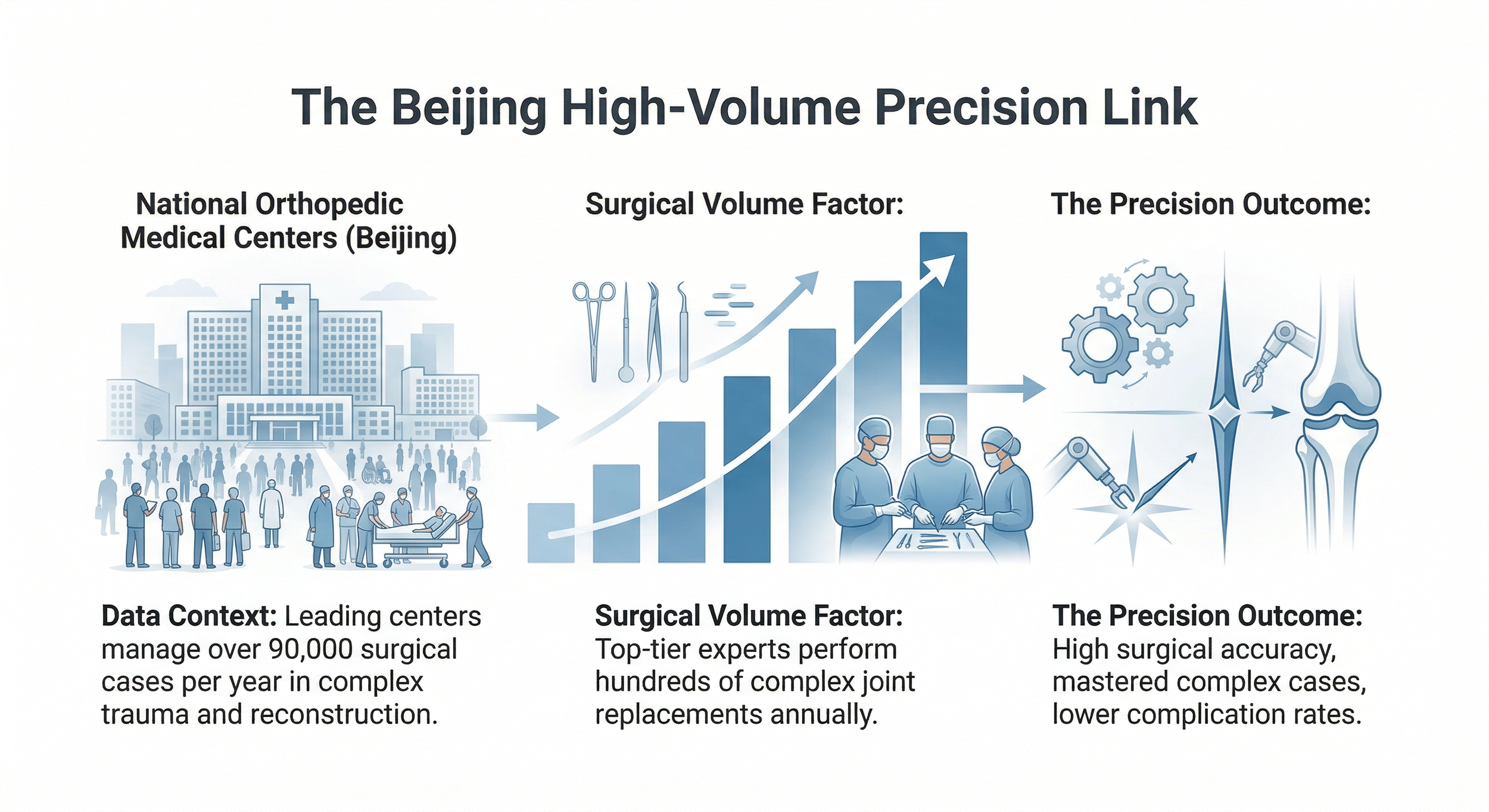 An infographic visual explaining how the high patient volume at Beijing's Grade-3A National Orthopedic Centers leads to top surgeons mastering complex joint replacements, resulting in higher precision and lower complication rates.