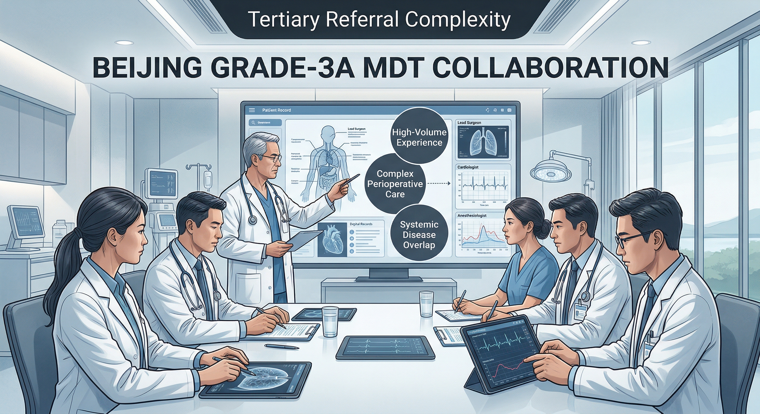 A sophisticated digital illustration depicting medical specialists in a high-volume Beijing Grade-3A hospital collaborating during a multidisciplinary team (MDT) meeting to review a complex patient case.
