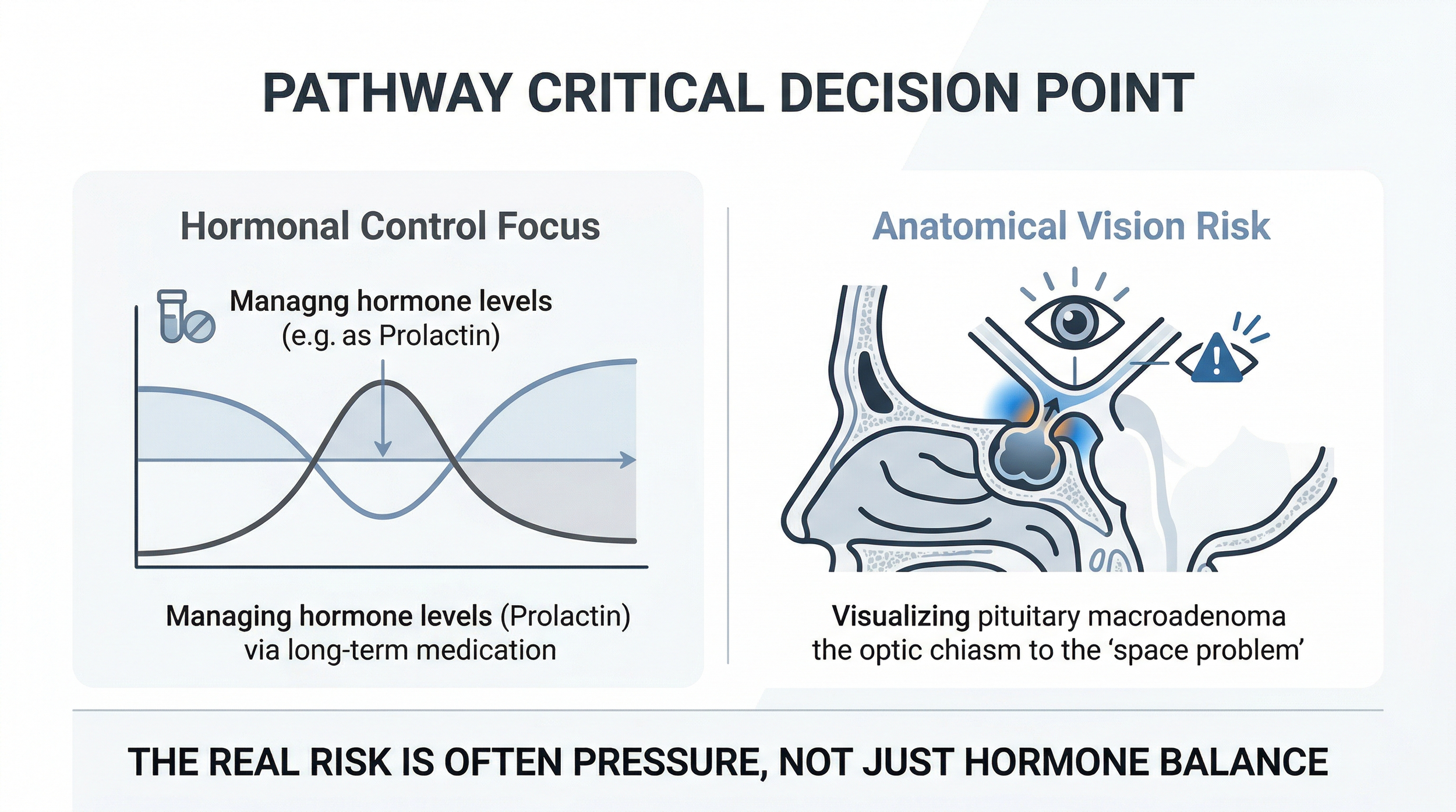 A visual diagram illustrating how a large pituitary adenoma can press on the optic chiasm, showing the distinct medical difference between managing hormone levels with medicine and managing visual risk with surgery.