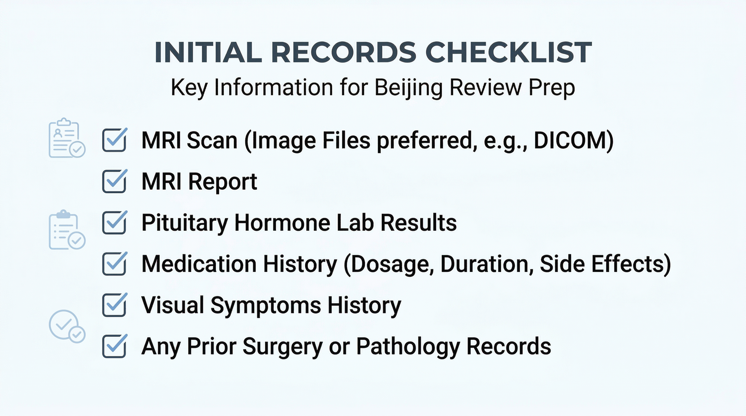 A clean visual checklist illustrating the essential medical records to gather for a pituitary adenoma case review, including MRI images, hormone labs, medication history, visual symptoms, and prior records.