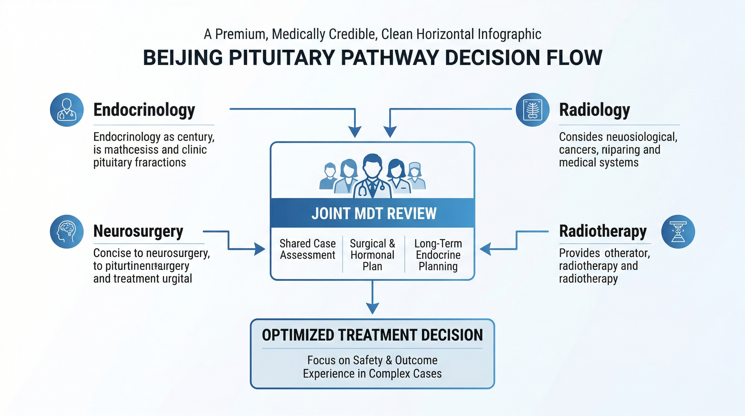 A flowchart visualization showing how endocrinology, neurosurgery, radiology, and radiotherapy specialists in Beijing coordinate for multidisciplinary team (MDT) review of complex pituitary cases.