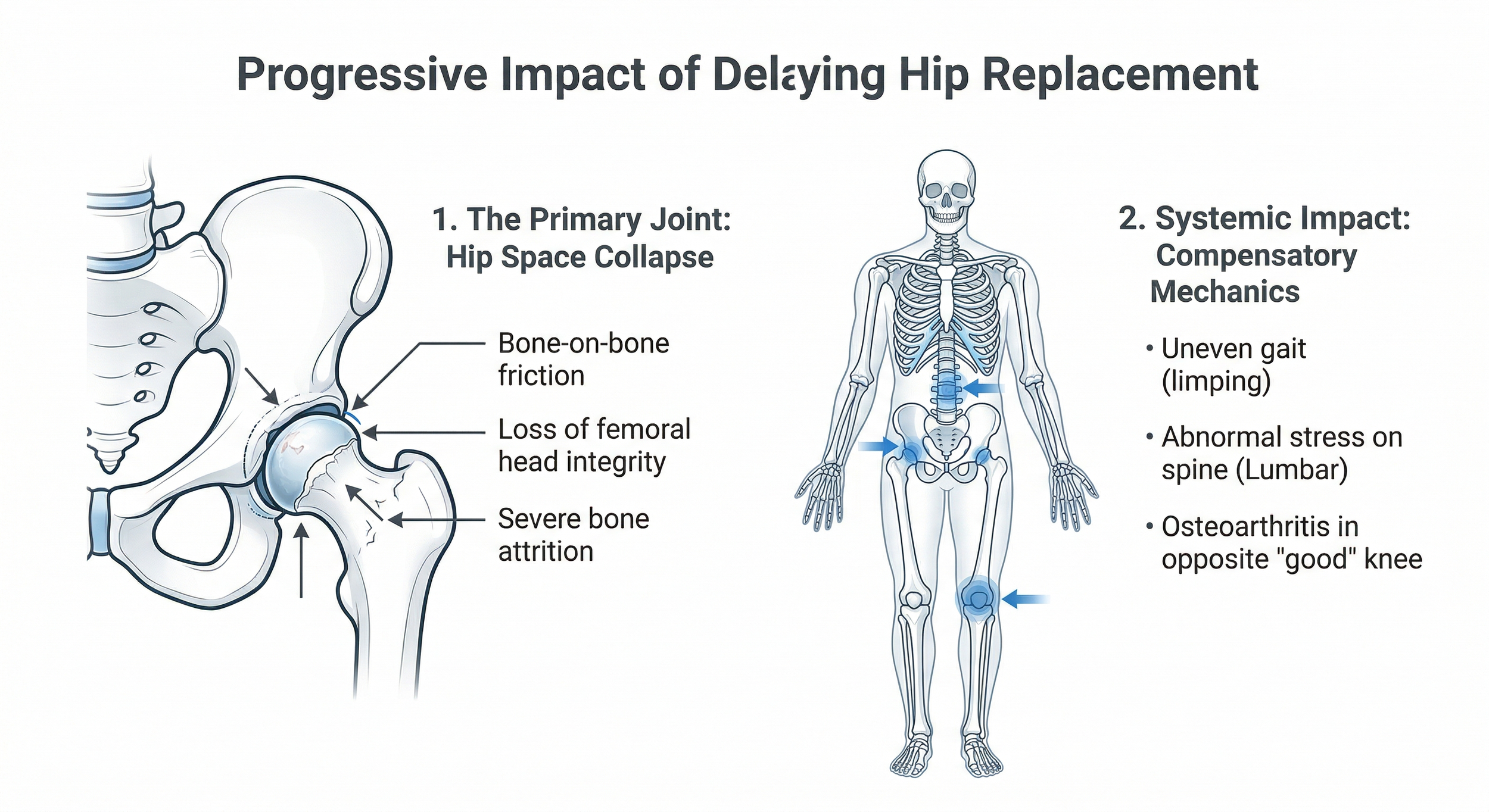 A medical illustration showing the dual dangers of delaying hip surgery: first, the collapse of the femoral head and bone attrition; second, the systemic impact on the lumbar spine and opposite knee due to limping.
