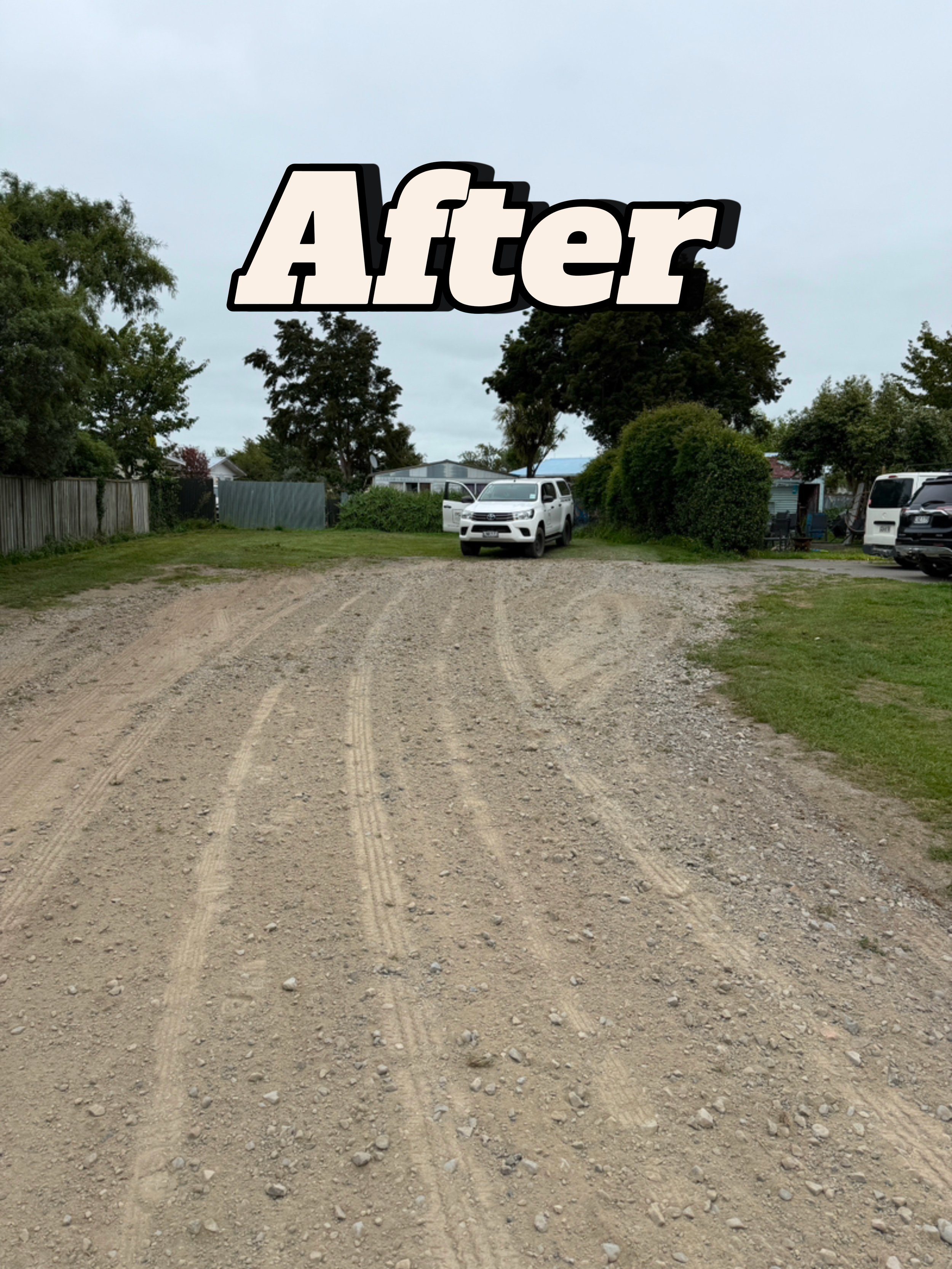 A dirt road with tire tracks, green grass on both sides, and parked cars, under an overcast sky, with the word 'After' in large text overlay.