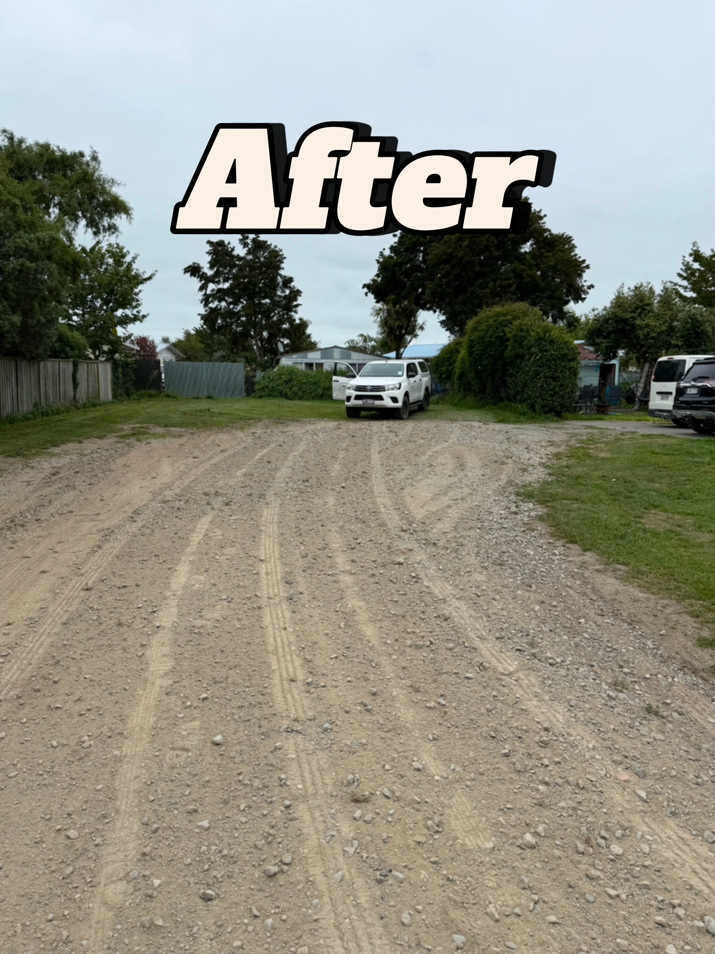 A dirt road with tire tracks, in a residential area with trees, shrubs, and parked cars, under an overcast sky, with the word 'After' in bold stylized letters at the top.