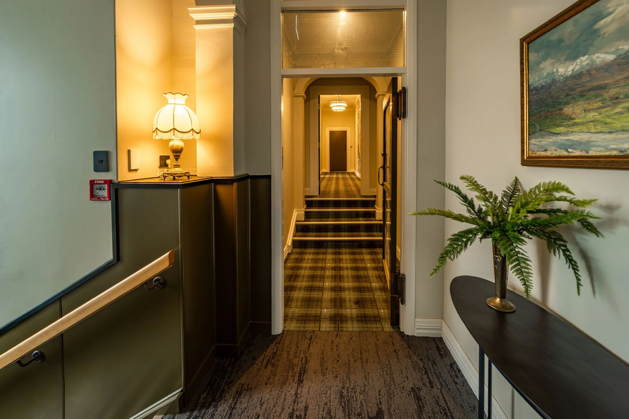 Hotel hallway with patterned carpet, framed landscape painting, potted fern on a black table, and a doorway leading to a well-lit corridor.