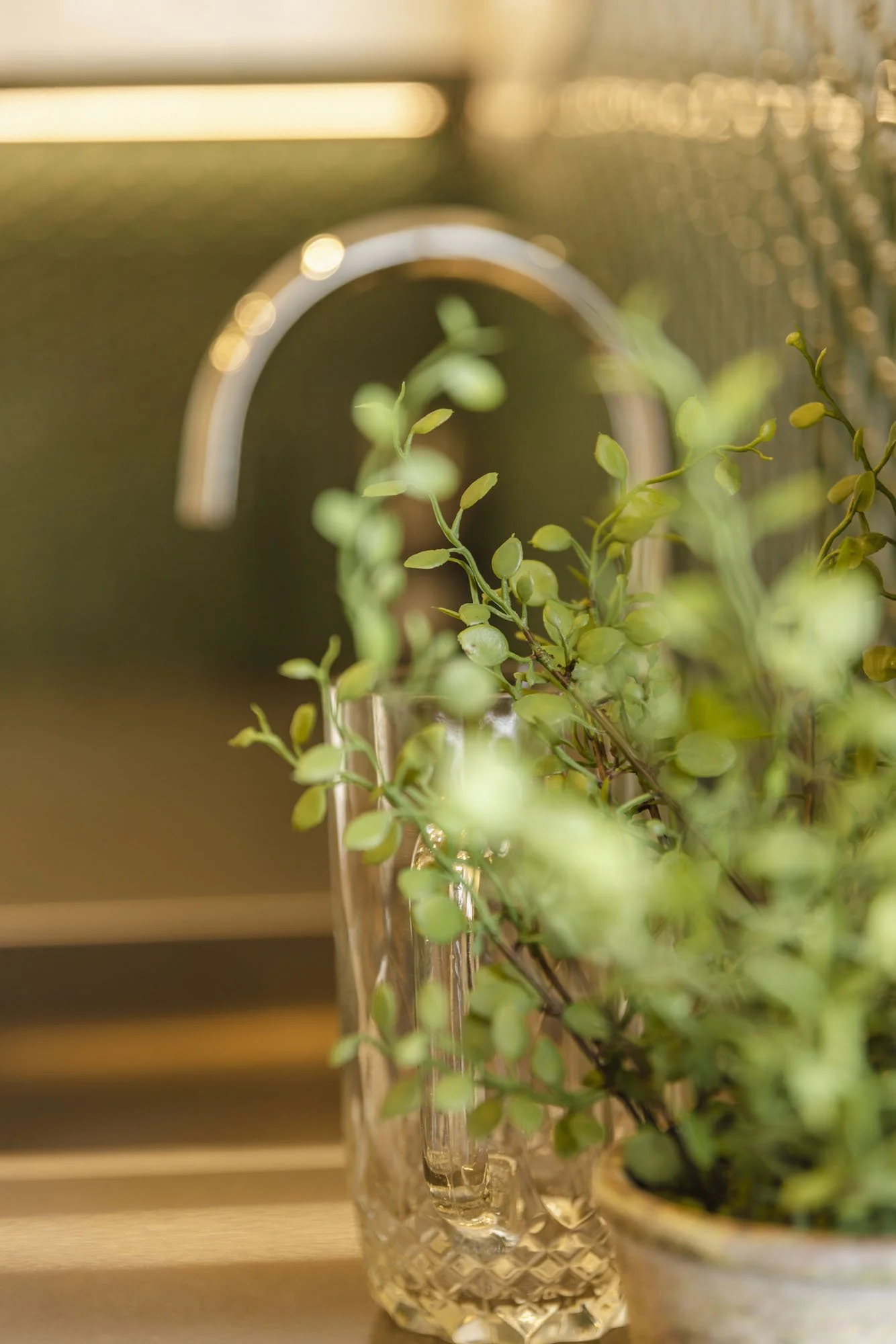 Close-up of a kitchen sink with a chrome faucet and a potted plant with small green leaves in a decorative glass holder in the foreground.