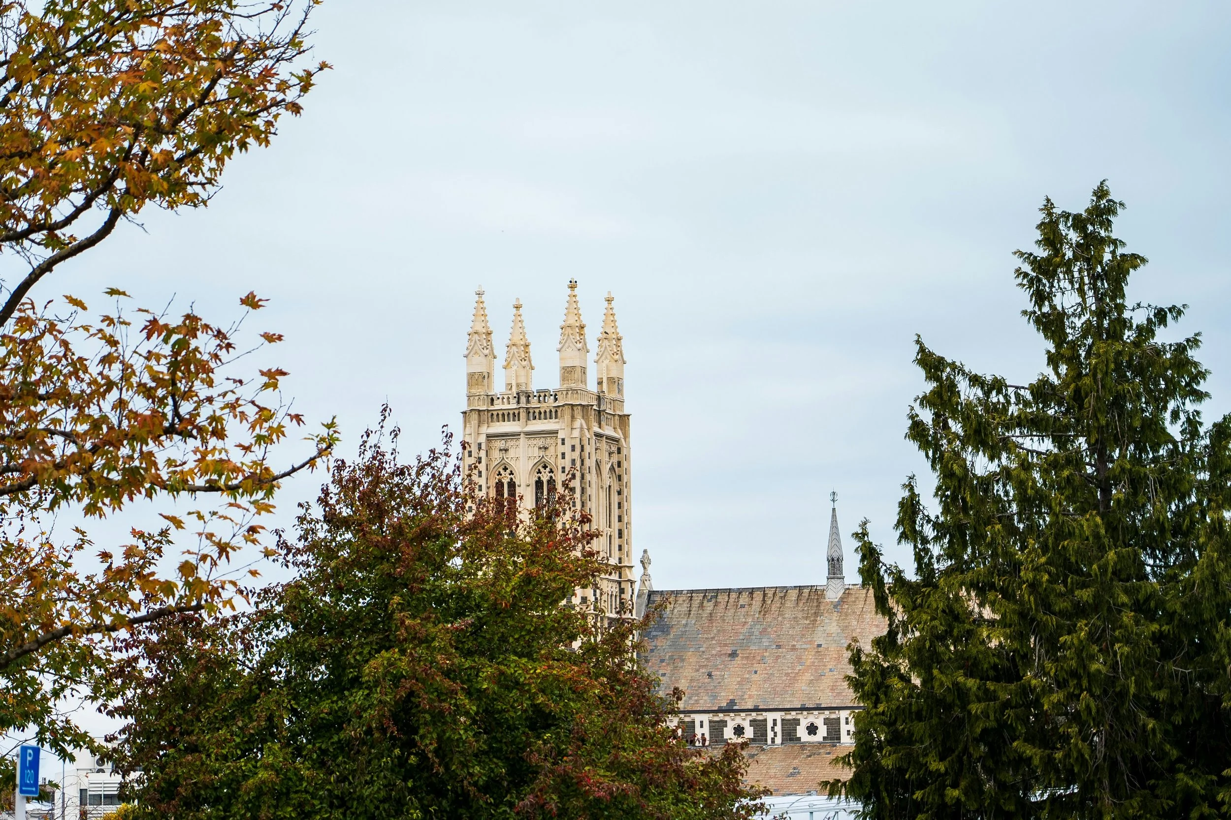 View of a Gothic-style church tower with trees in the foreground and a cloudy sky in the background.