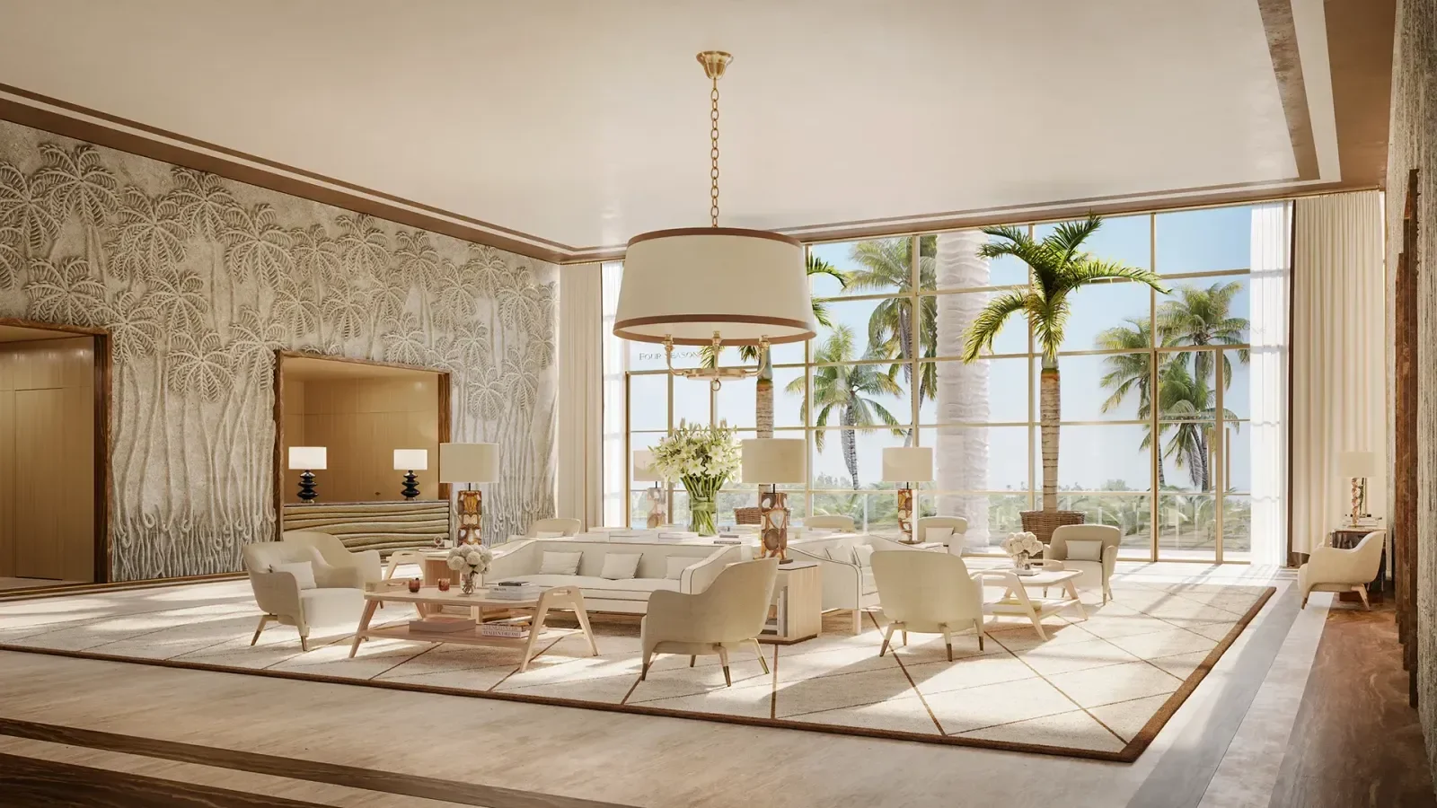 Luxurious hotel lobby with large windows, tropical palm trees outside, white seating area, coffee tables, and modern decor.