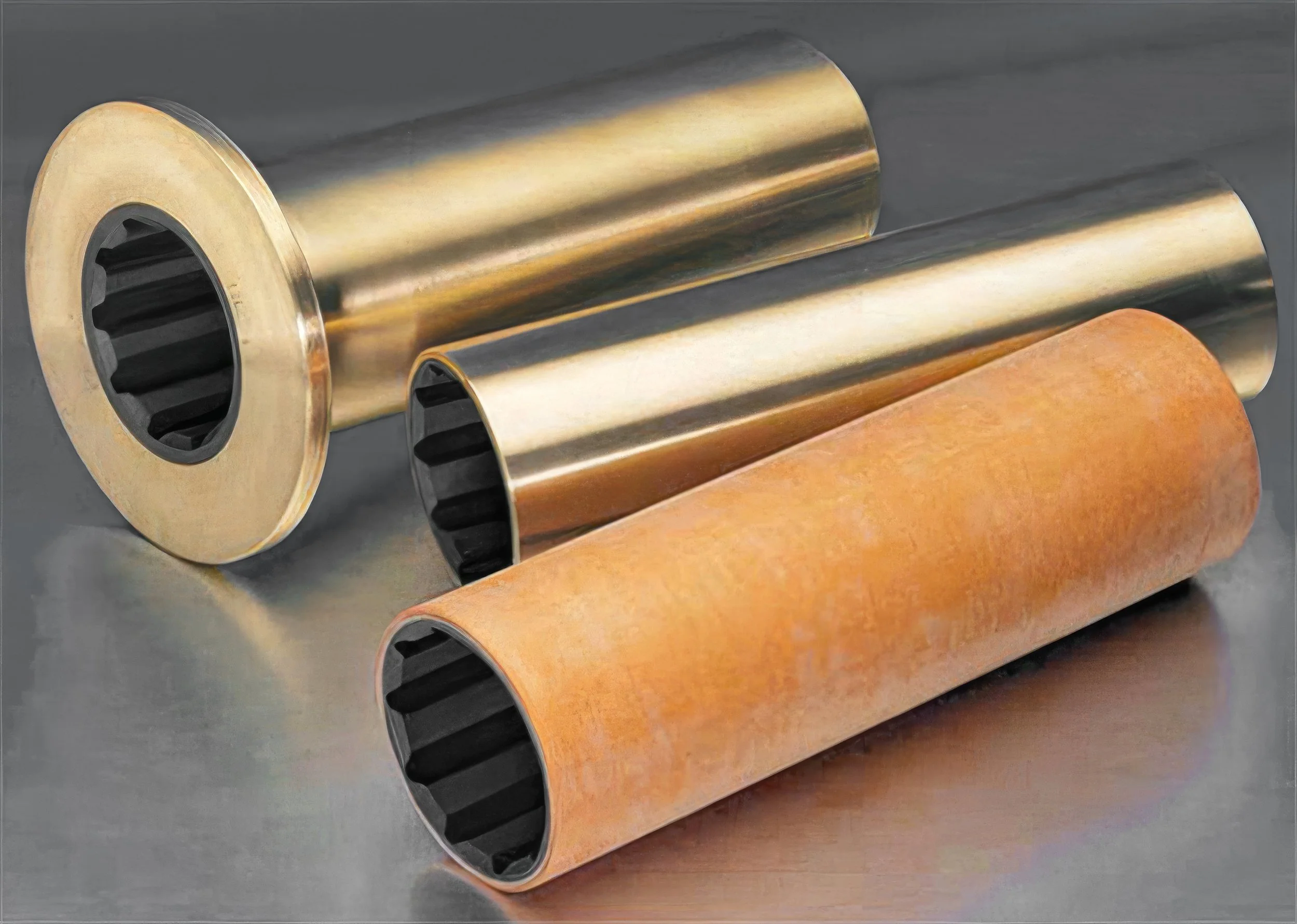 Close-up of three metal rollers with black internal gears, lying on a dark surface. One roller has a golden hue, another has a copper appearance, and the third looks aged with a rusty surface.