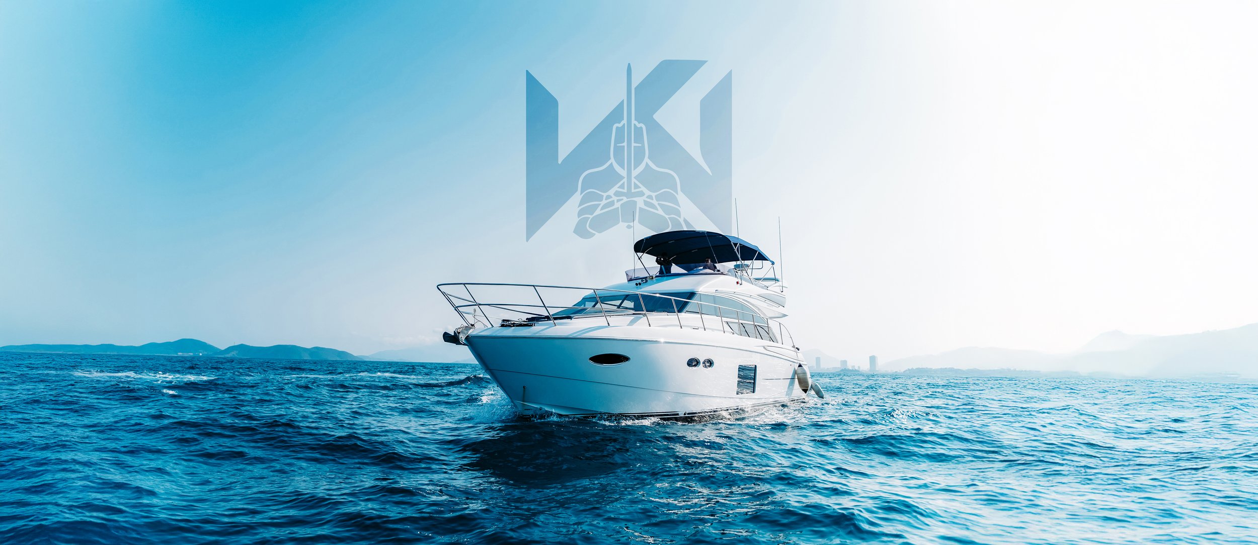 A white yacht cruising on the ocean with land and mountains in the background, and a faint logo of a hand holding a sword in the sky.